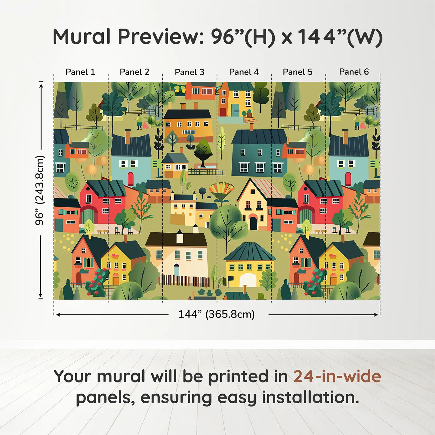 Whimsy Tots Colorful Village Wall Muraldimension view (96" H x 144" W). Printed in six 24-inch-wide panels. Gender-Neutral