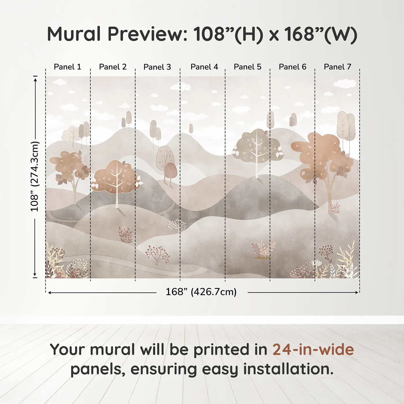 Whimsy Tots Minimalist Brown Hills Wall Muraldimension view (108" H x 168" W). Printed in seven 24-inch-wide panels. Gender-Neutral