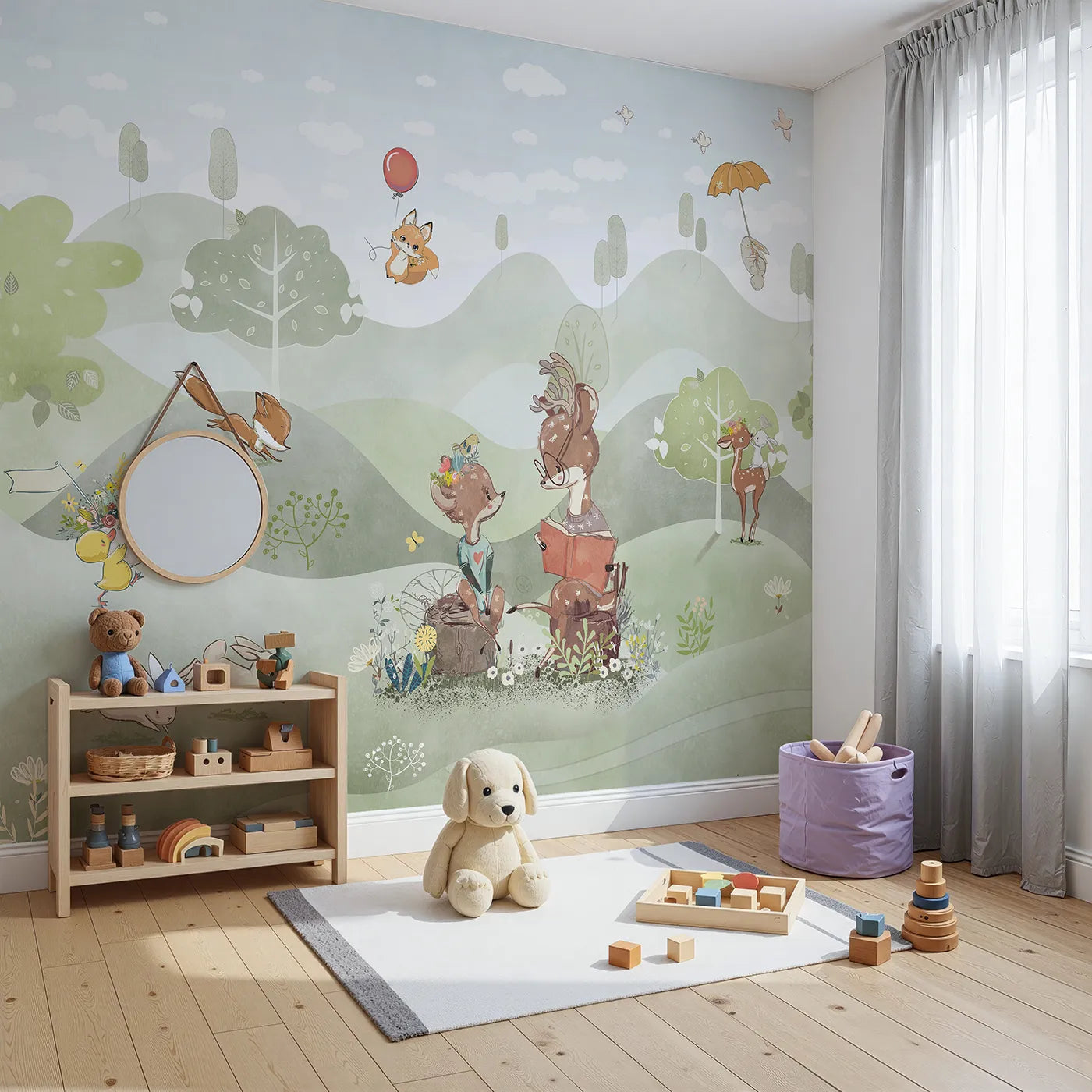 Angled view of Whimsy Tots' Woodland Friends Reading Club Wall Mural (Turn Their Room into the Sweetest, Most Whimsical Meadow).Gender-Neutral