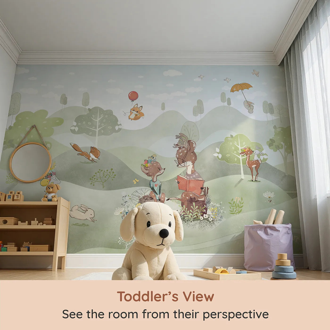 Whimsy Tots Woodland Friends Reading Club Wall Mural (Turn Their Room into the Sweetest, Most Whimsical Meadow) from your child's view.Gender-Neutral