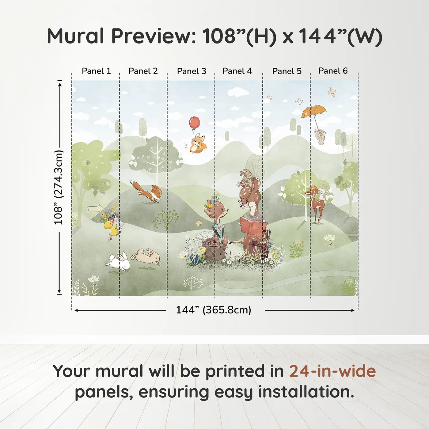 Whimsy Tots Woodland Friends Reading Club Wall Muraldimension view (108" H x 144" W). Printed in six 24-inch-wide panels. Gender-Neutral