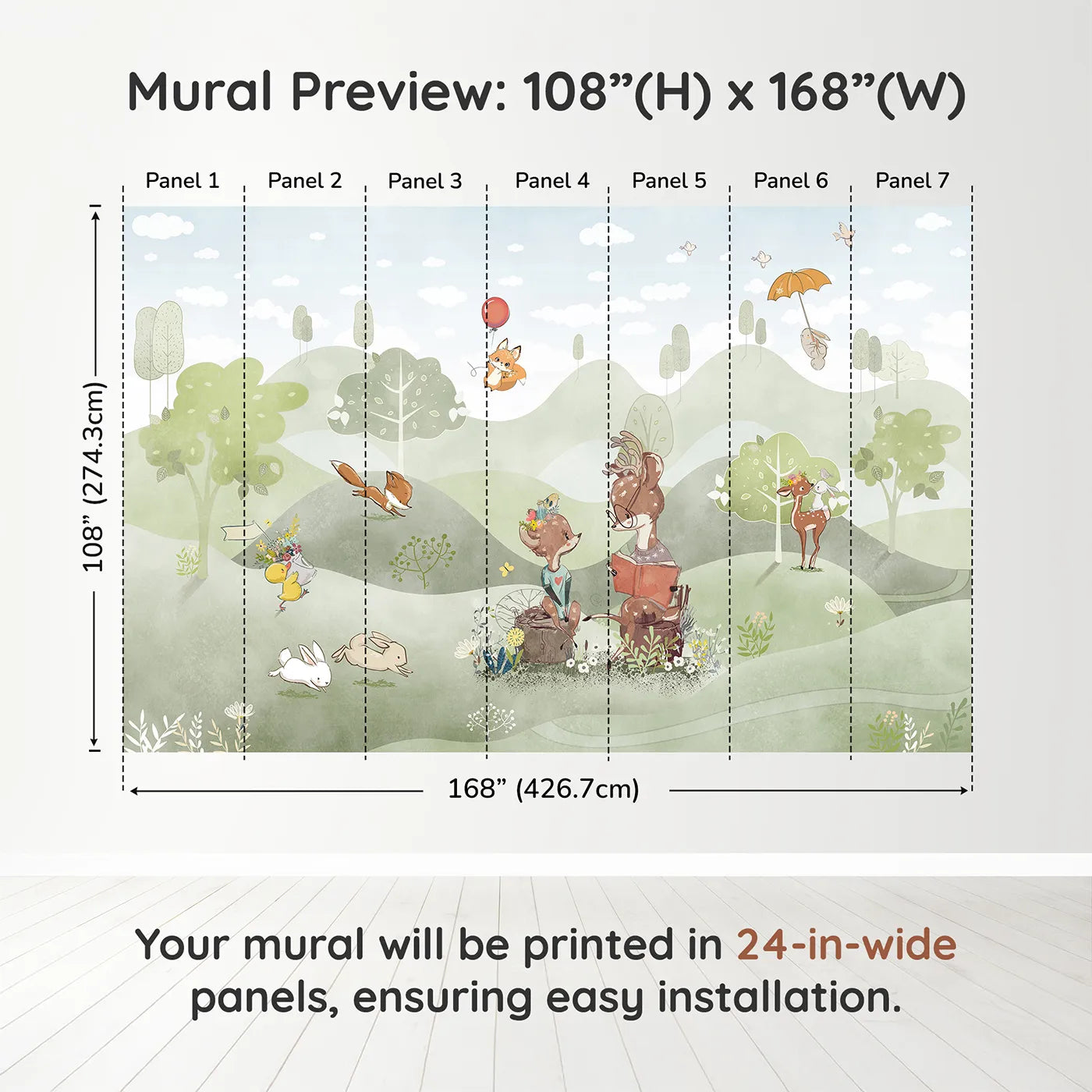 Whimsy Tots Woodland Friends Reading Club Wall Muraldimension view (108" H x 168" W). Printed in seven 24-inch-wide panels. Gender-Neutral