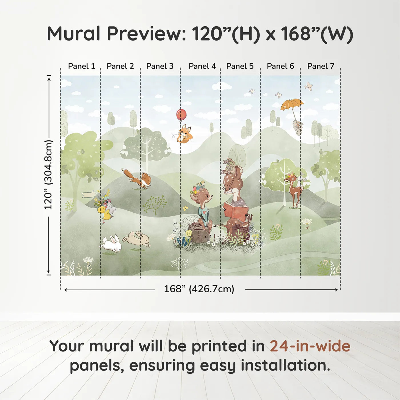 Whimsy Tots Woodland Friends Reading Club Wall Muraldimension view (120" H x 168" W). Printed in seven 24-inch-wide panels. Gender-Neutral