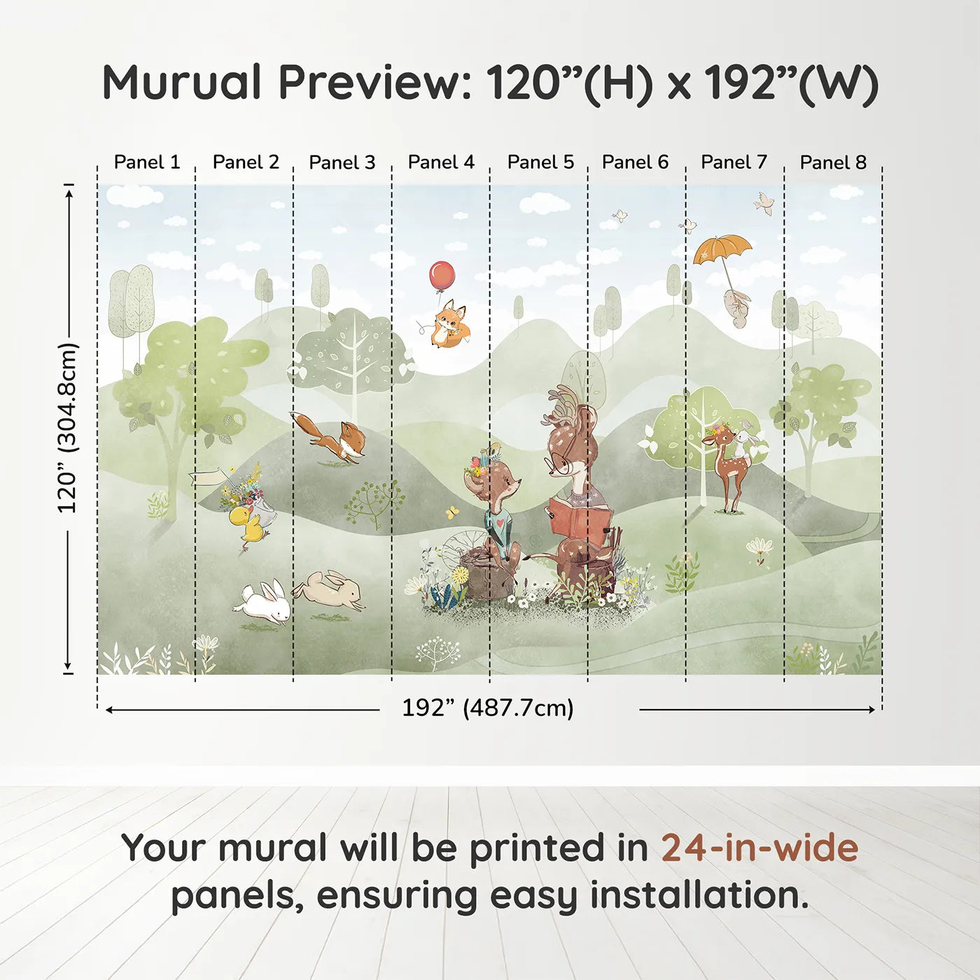 Whimsy Tots Woodland Friends Reading Club Wall Muraldimension view (120" H x 192" W). Printed in eight 24-inch-wide panels. Gender-Neutral