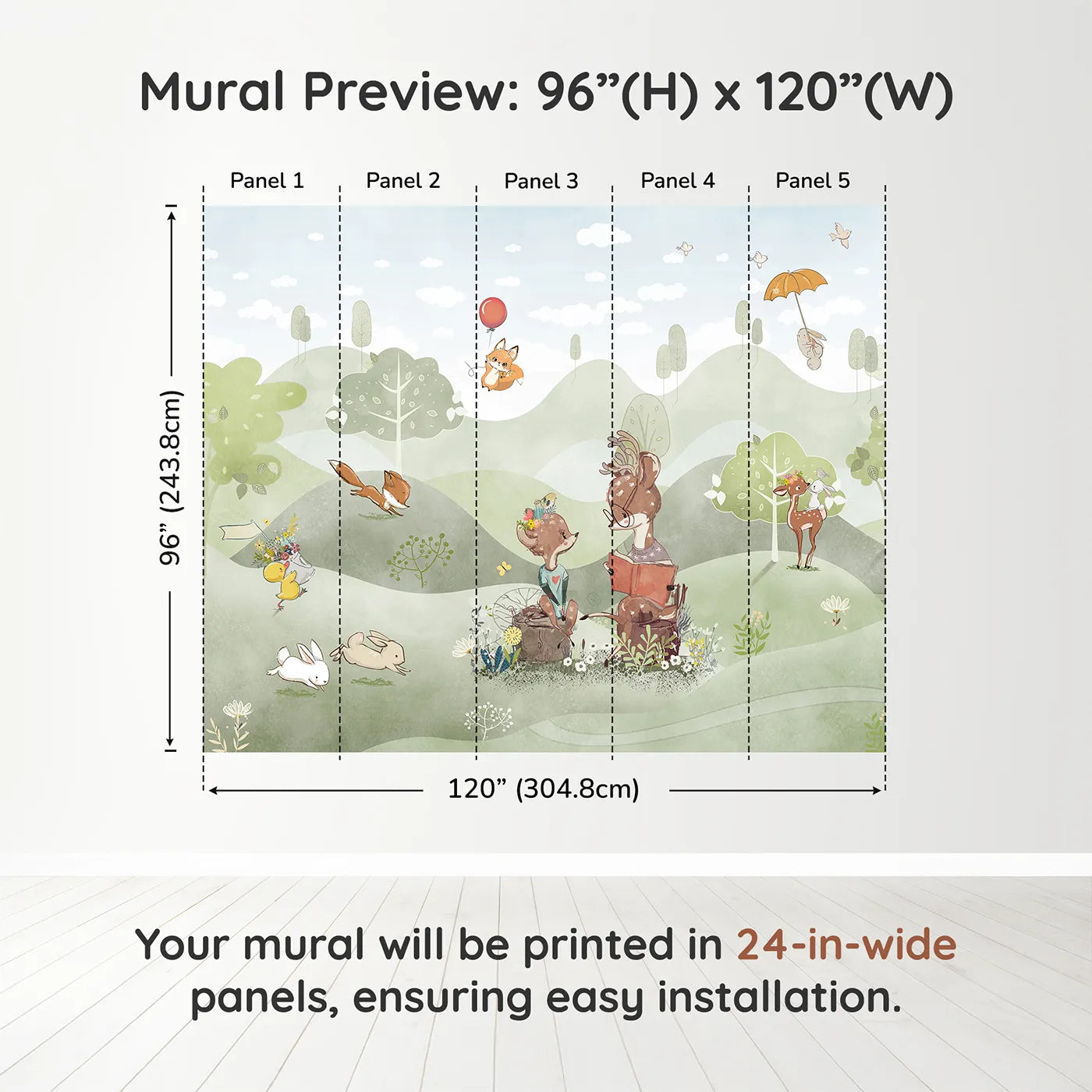 Whimsy Tots Woodland Friends Reading Club Wall Muraldimension view (96" H x 120" W). Printed in five 24-inch-wide panels. Gender-Neutral