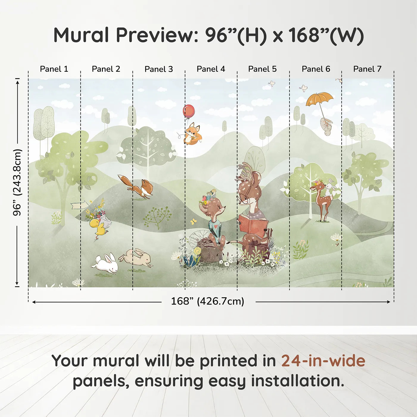 Whimsy Tots Woodland Friends Reading Club Wall Muraldimension view (96" H x 168" W). Printed in seven 24-inch-wide panels. Gender-Neutral