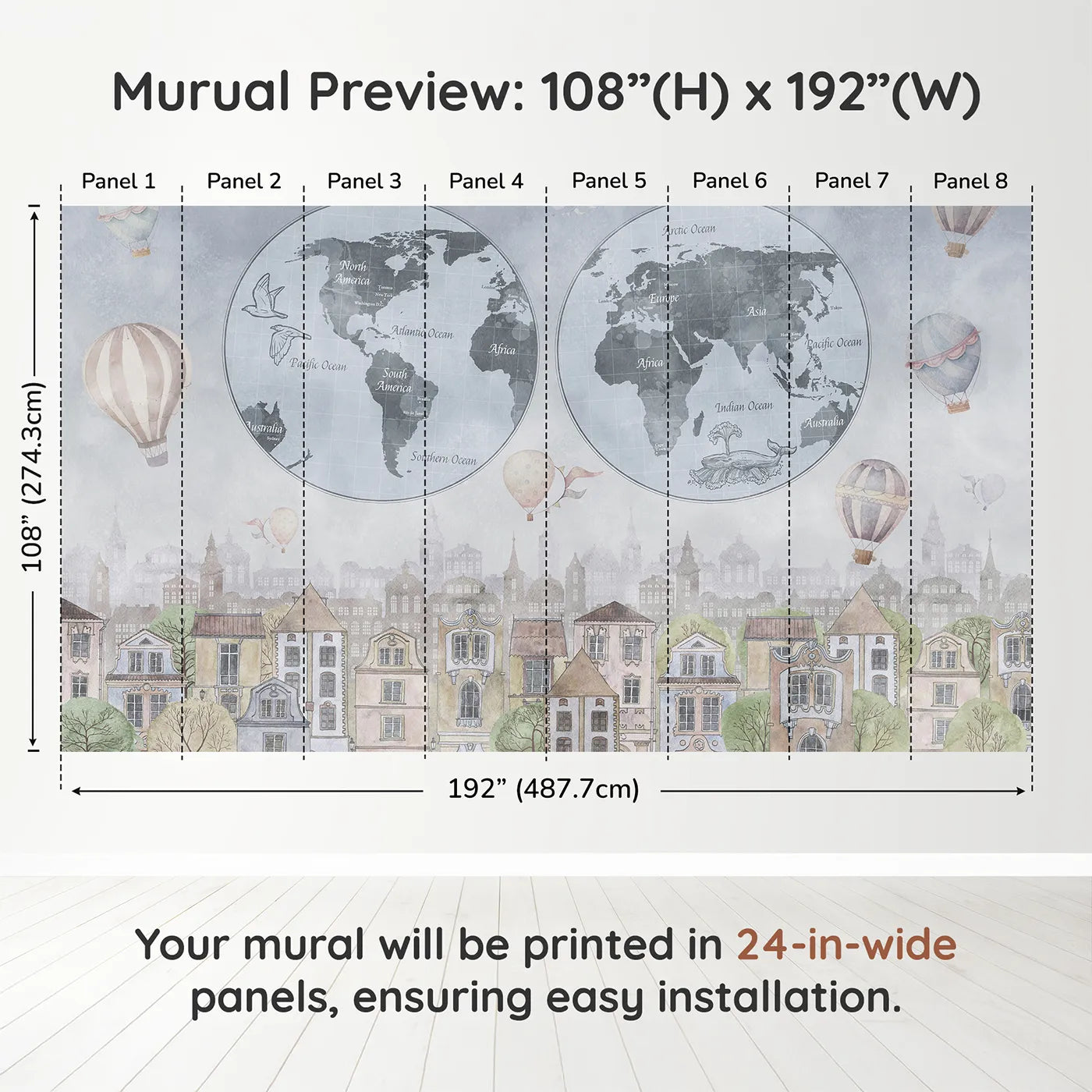 Whimsy Tots Vintage City and World Map Wall Mural in Bluedimension view (108" H x 192" W). Printed in eight 24-inch-wide panels. Gender-Neutral