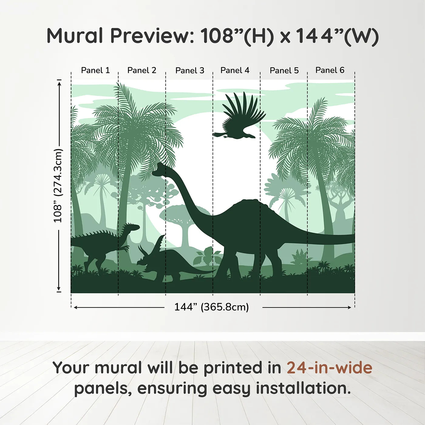 Whimsy Tots Green Dinosaur Silhouette Panorama Wall Muraldimension view (108" H x 144" W). Printed in six 24-inch-wide panels. Gender-Neutral