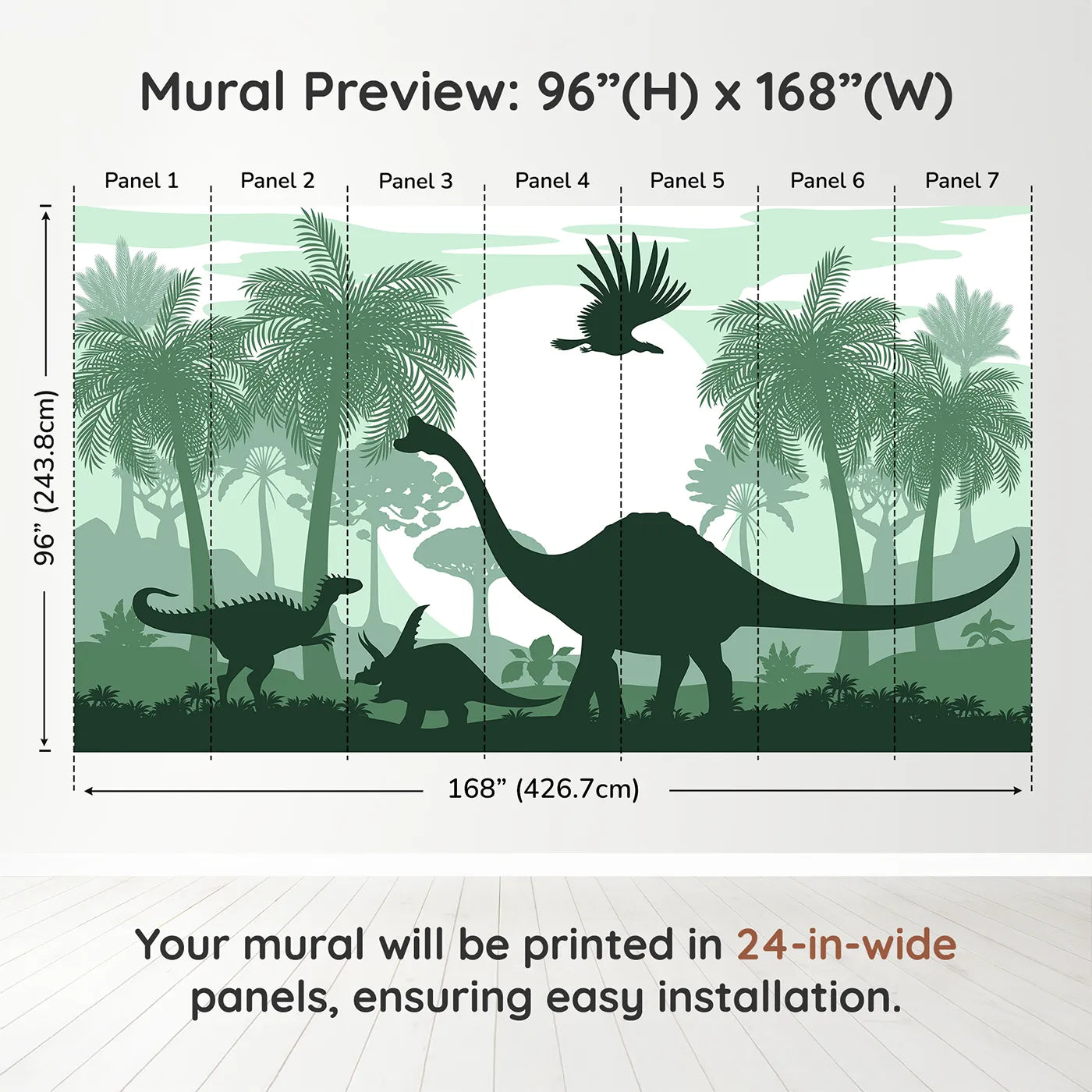Whimsy Tots Green Dinosaur Silhouette Panorama Wall Muraldimension view (96" H x 168" W). Printed in seven 24-inch-wide panels. Gender-Neutral