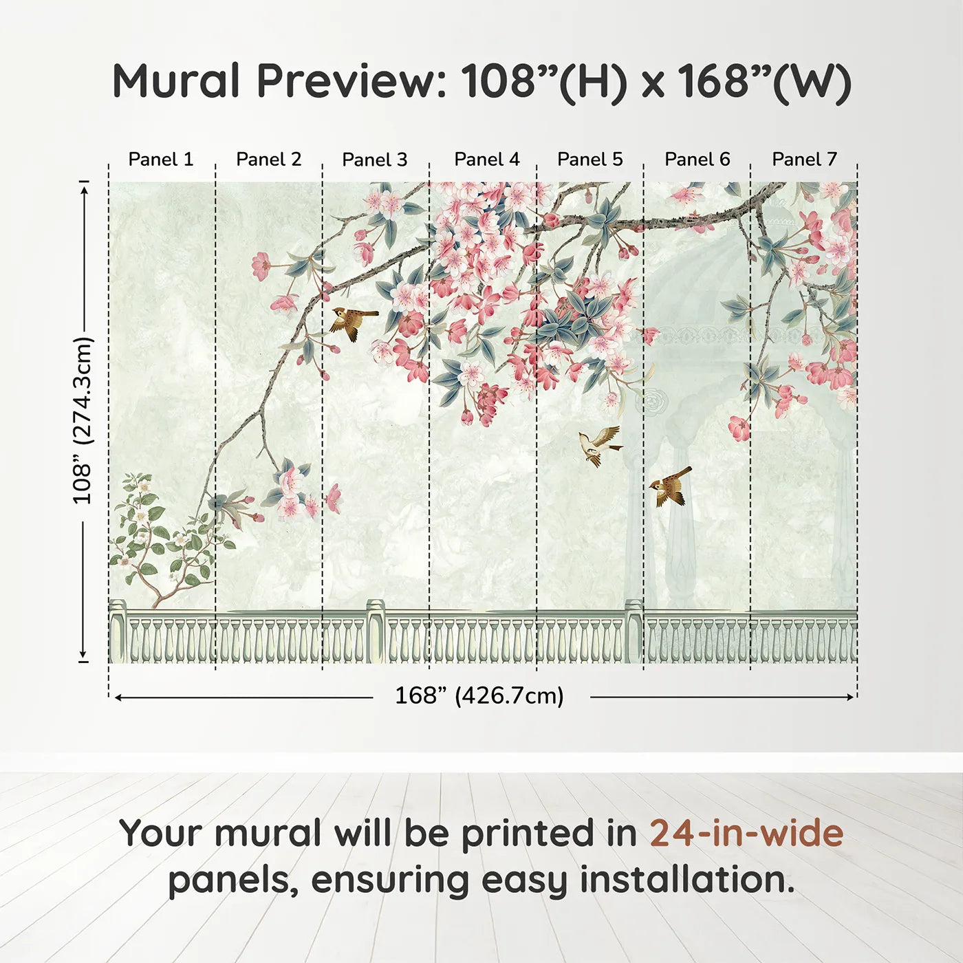 Whimsy Tots Chinoiserie Balcony Wall Muraldimension view (108" H x 168" W). Printed in seven 24-inch-wide panels. Gender-Neutral