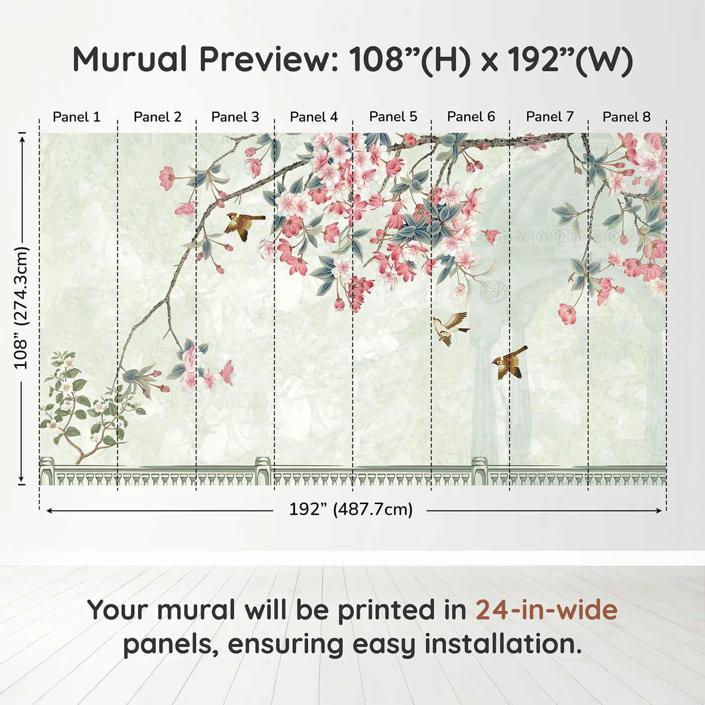 Whimsy Tots Chinoiserie Balcony Wall Muraldimension view (108" H x 192" W). Printed in eight 24-inch-wide panels. Gender-Neutral