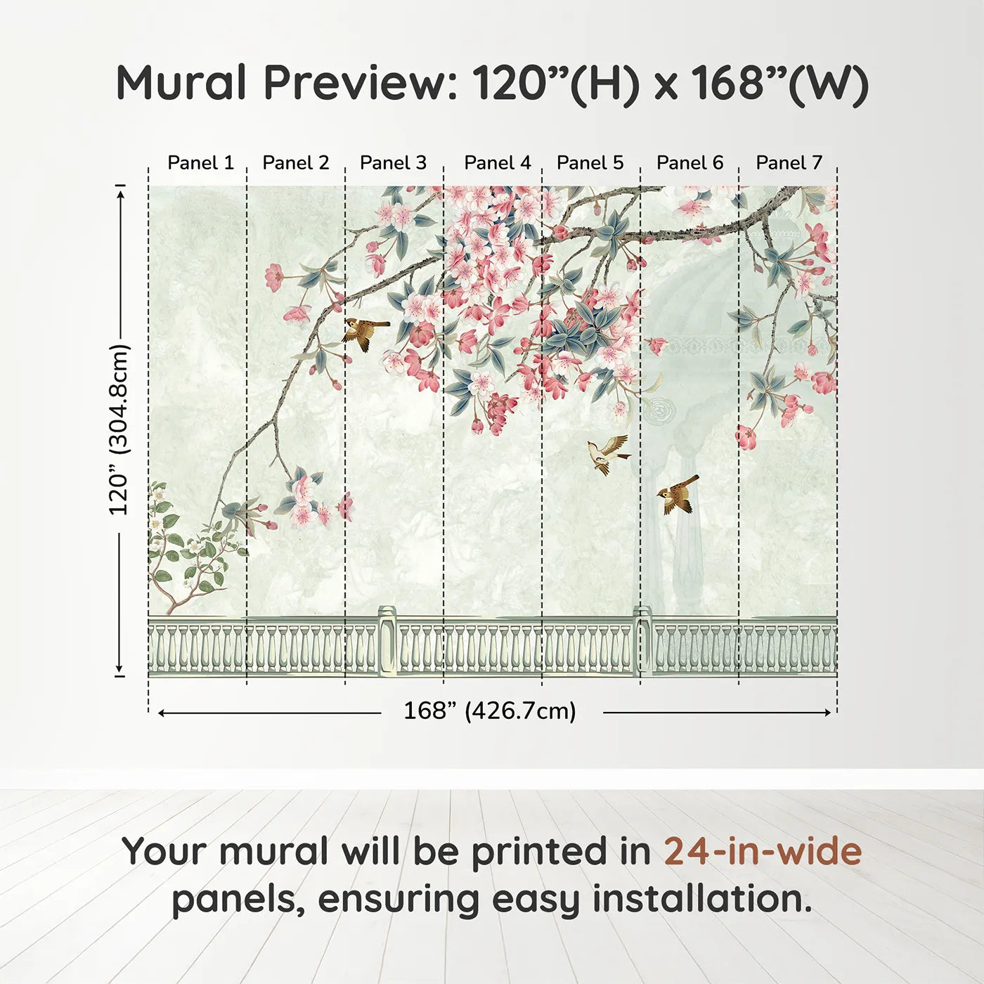Whimsy Tots Chinoiserie Balcony Wall Muraldimension view (120" H x 168" W). Printed in seven 24-inch-wide panels. Gender-Neutral