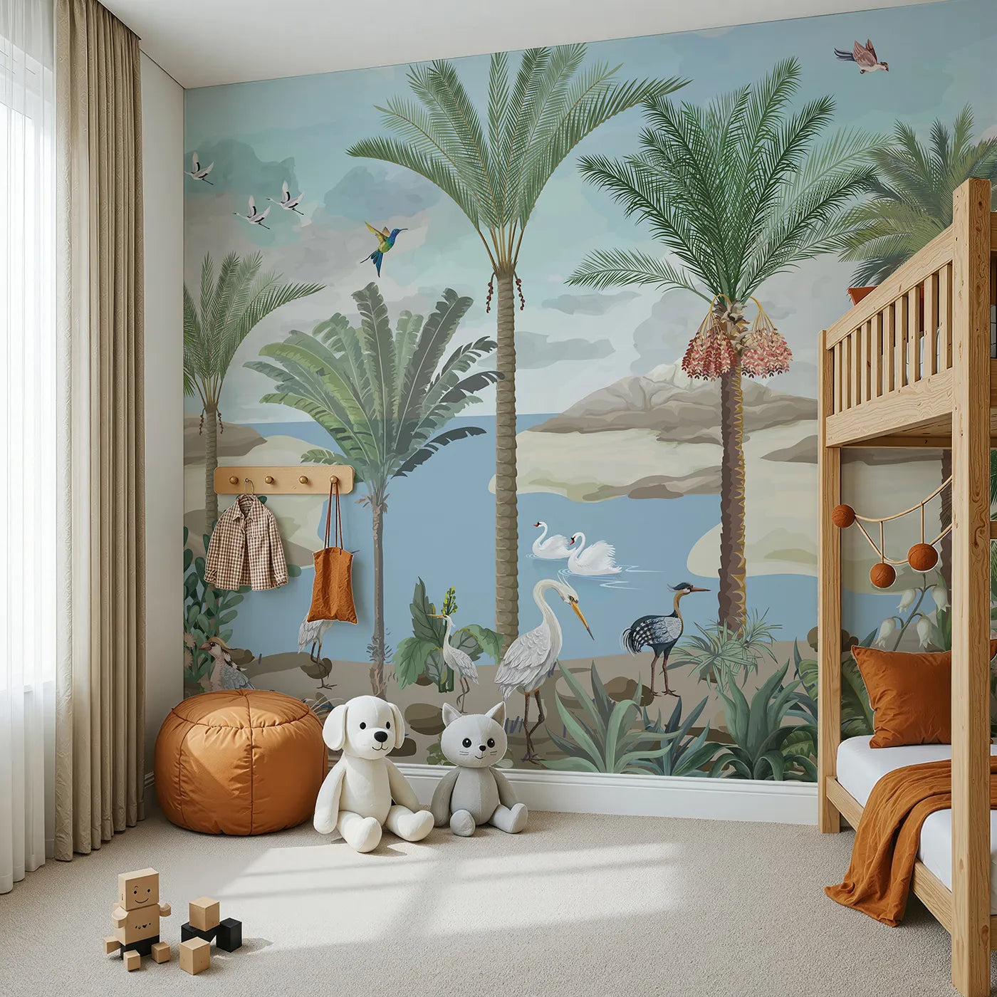 Angled view of Whimsy Tots' Exotic Bird Oasis Wall Mural (Turn Their Room into a Lush, Hand-Painted Paradise).Gender-Neutral