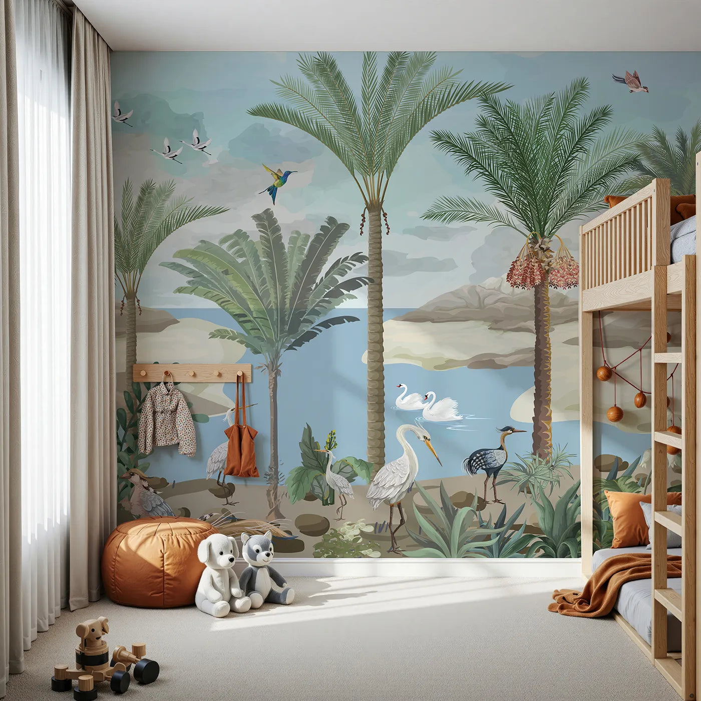 Front view of Whimsy Tots' Exotic Bird Oasis Wall Mural