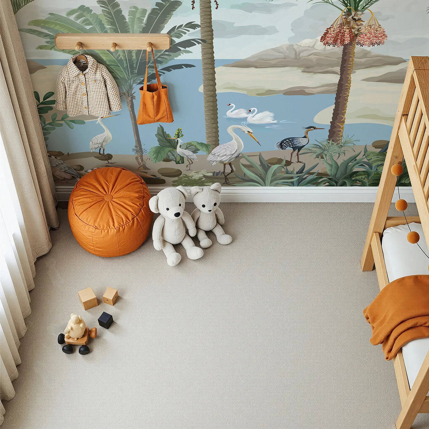 Top-down view of Whimsy Tots' Exotic Bird Oasis Wall Mural (Turn Their Room into a Lush, Hand-Painted Paradise).Gender-Neutral
