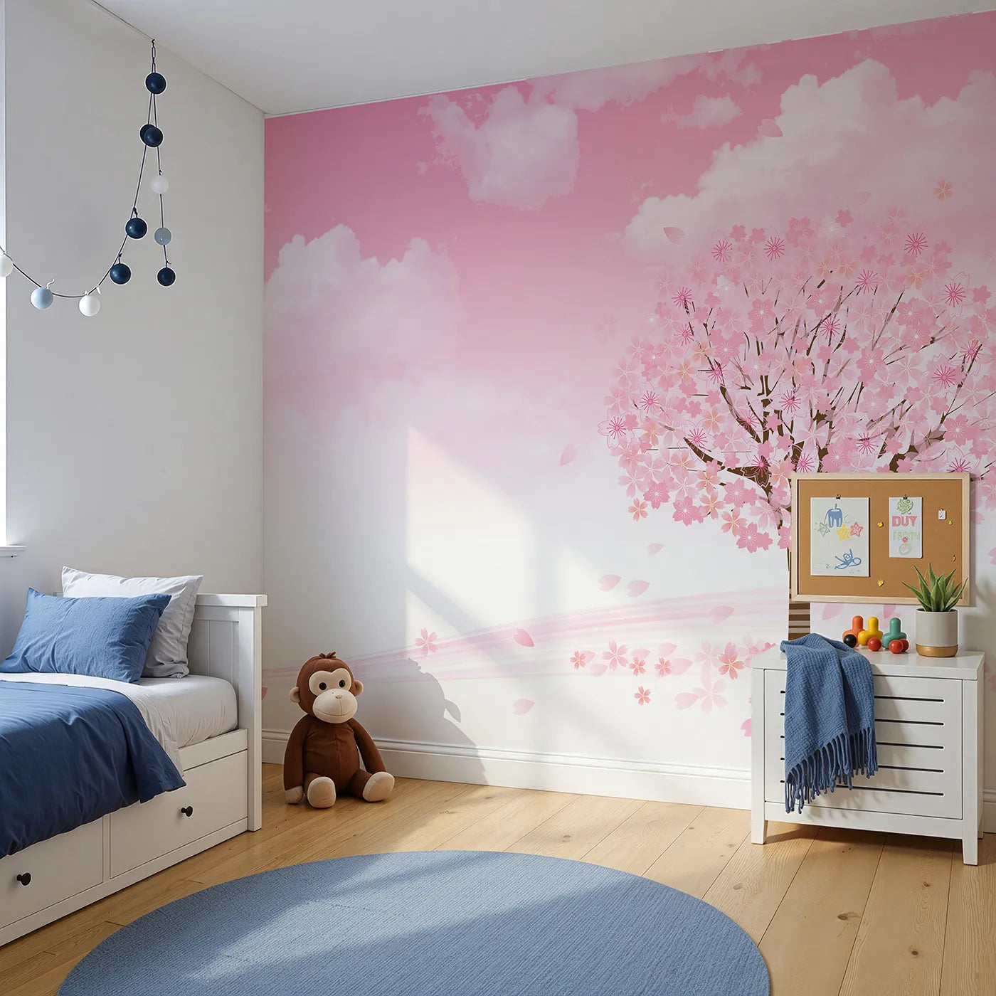 Angled view of Whimsy Tots' Pink Cherry Blossom Wall Mural (Turn Their Room into a Dream of Falling Petals).Best for Girls
