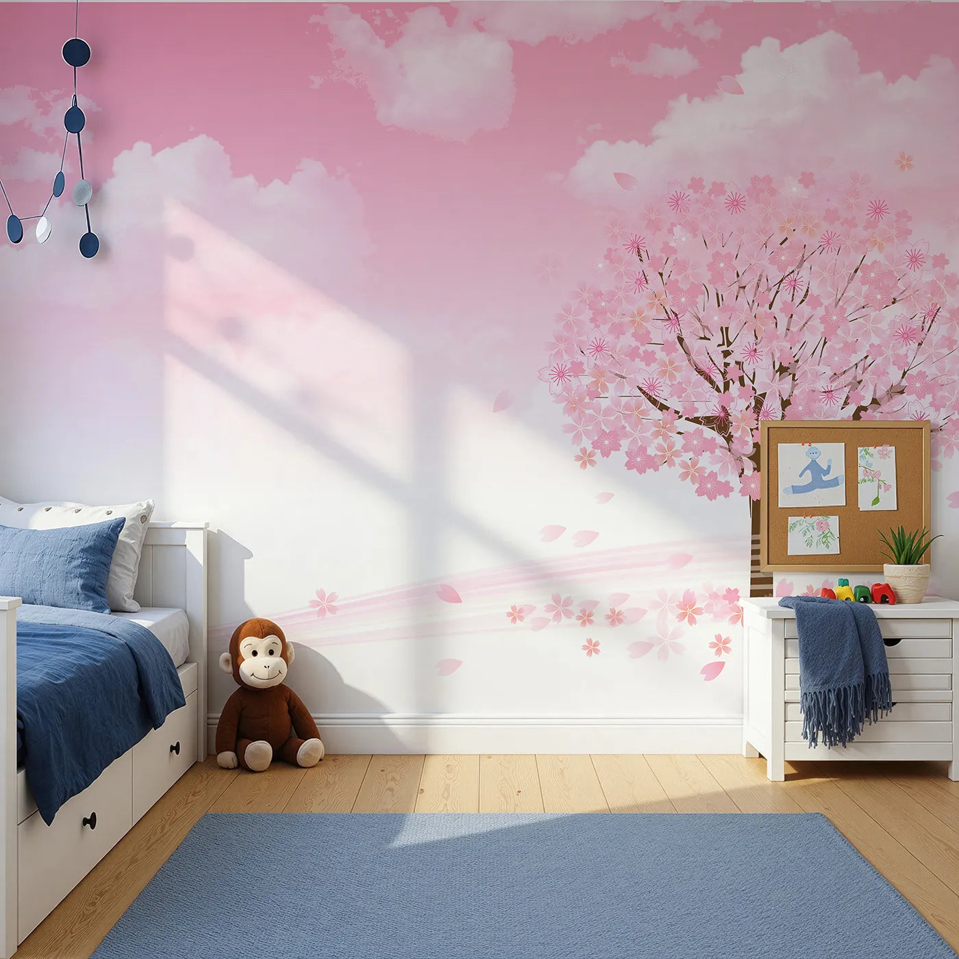 Front view of Whimsy Tots' Pink Cherry Blossom Wall Mural