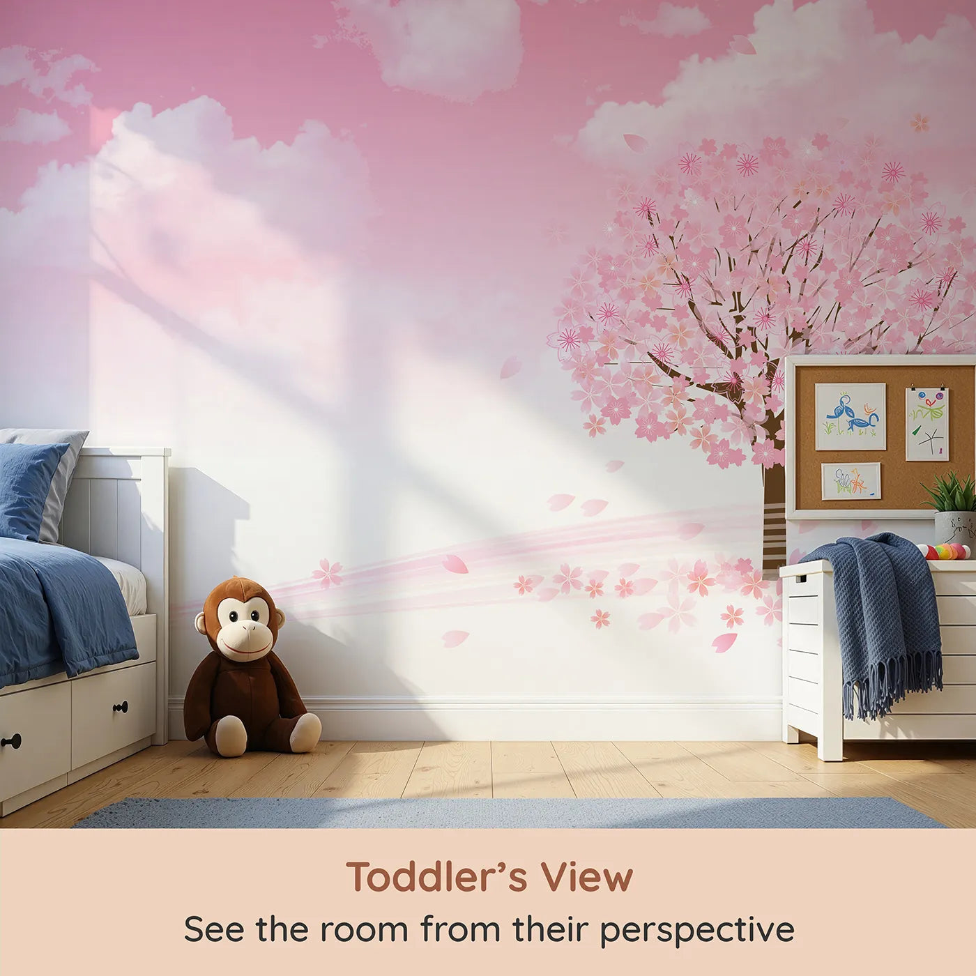 Whimsy Tots Pink Cherry Blossom Wall Mural (Turn Their Room into a Dream of Falling Petals) from your child's view.Best for Girls