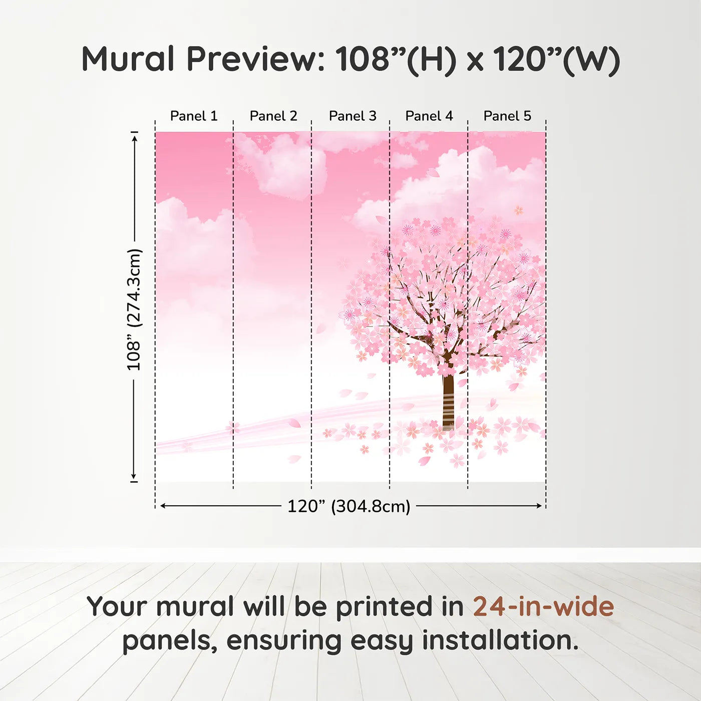 Whimsy Tots Pink Cherry Blossom Wall Muraldimension view (108" H x 120" W). Printed in five 24-inch-wide panels. Best for Girls