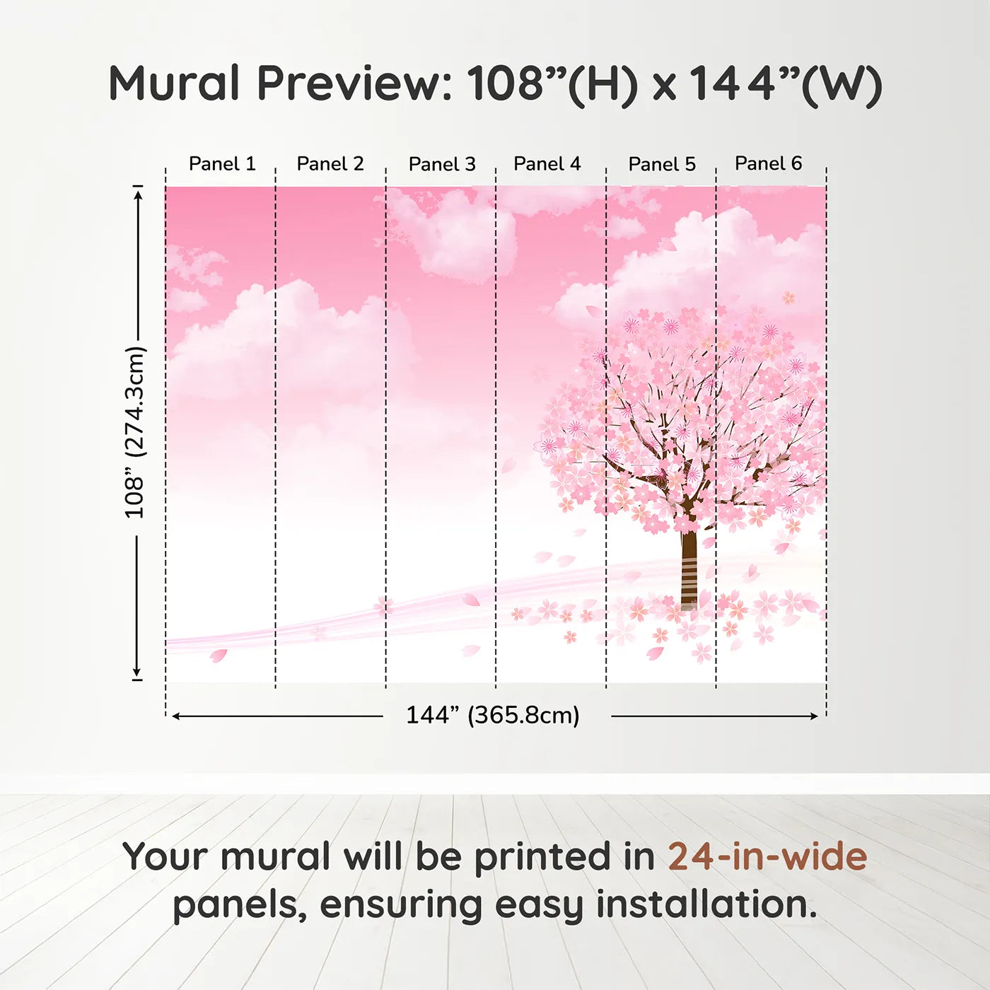 Whimsy Tots Pink Cherry Blossom Wall Muraldimension view (108" H x 144" W). Printed in six 24-inch-wide panels. Best for Girls