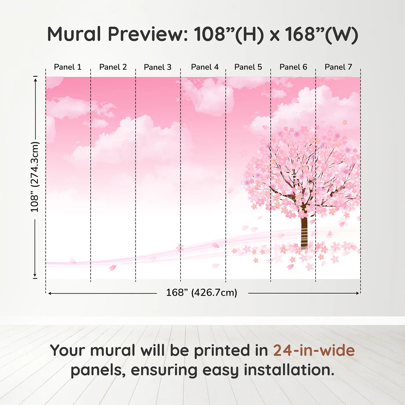 Whimsy Tots Pink Cherry Blossom Wall Muraldimension view (108" H x 168" W). Printed in seven 24-inch-wide panels. Best for Girls