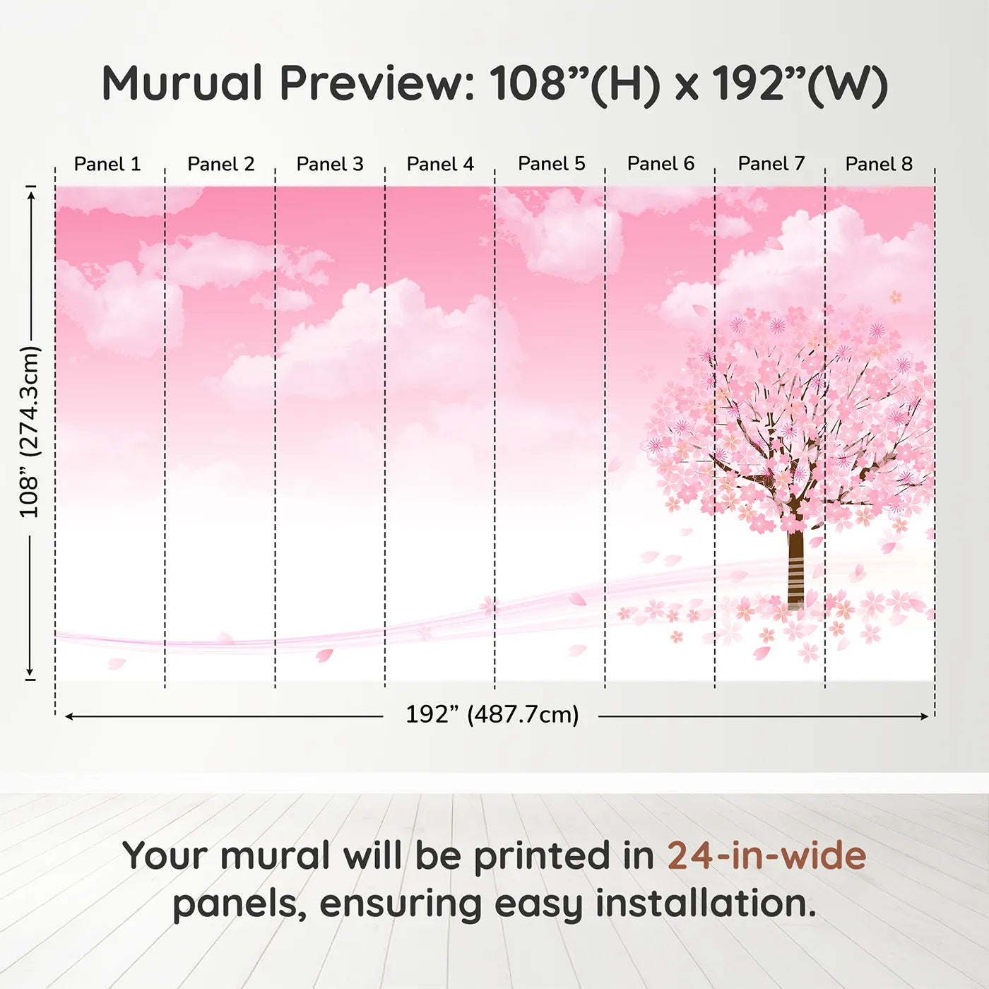 Whimsy Tots Pink Cherry Blossom Wall Muraldimension view (108" H x 192" W). Printed in eight 24-inch-wide panels. Best for Girls