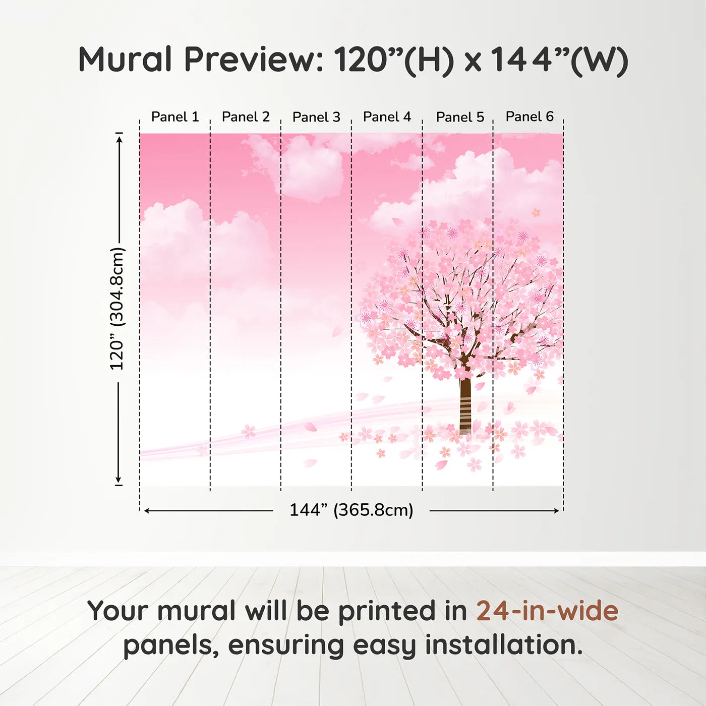 Whimsy Tots Pink Cherry Blossom Wall Muraldimension view (120" H x 144" W). Printed in six 24-inch-wide panels. Best for Girls