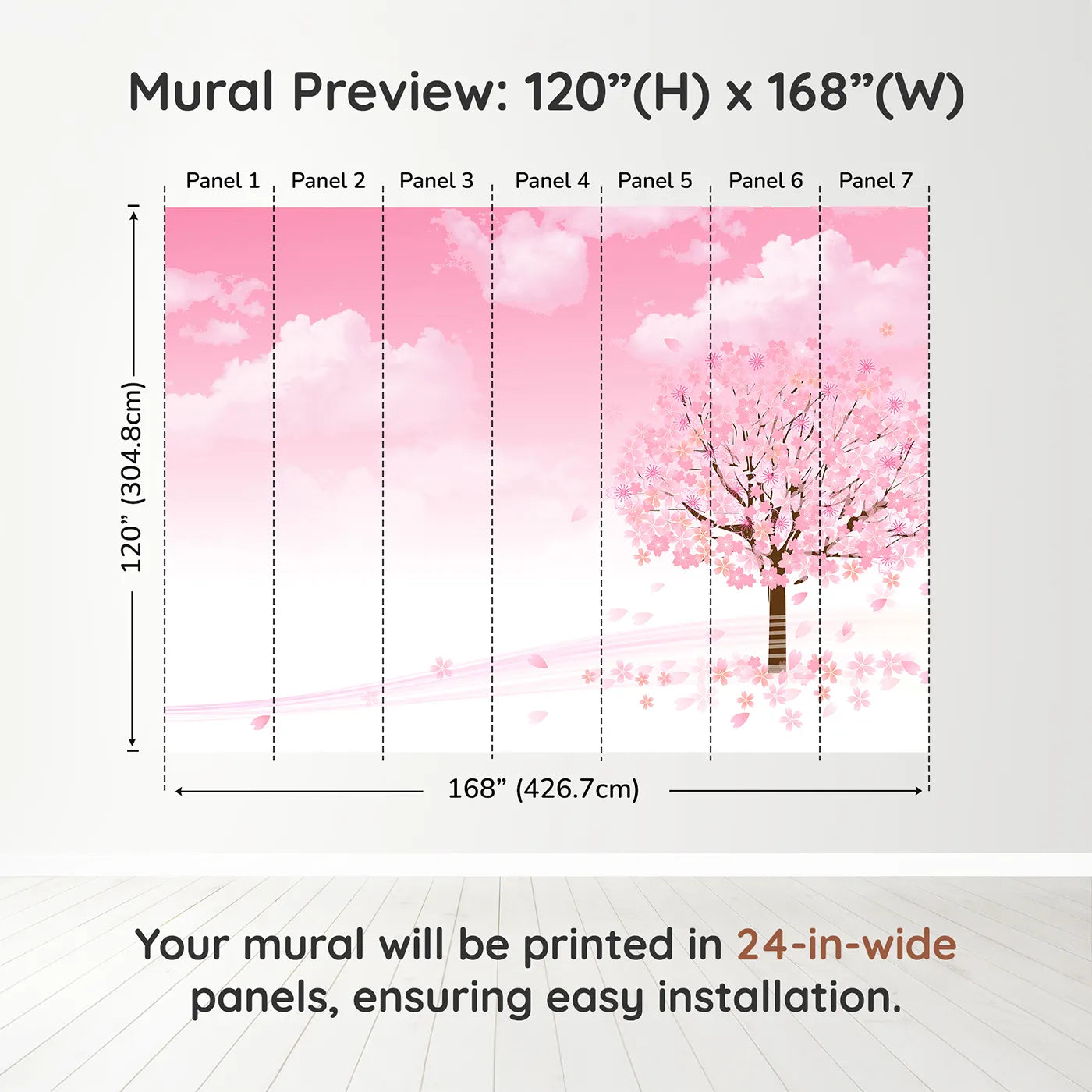 Whimsy Tots Pink Cherry Blossom Wall Muraldimension view (120" H x 168" W). Printed in seven 24-inch-wide panels. Best for Girls