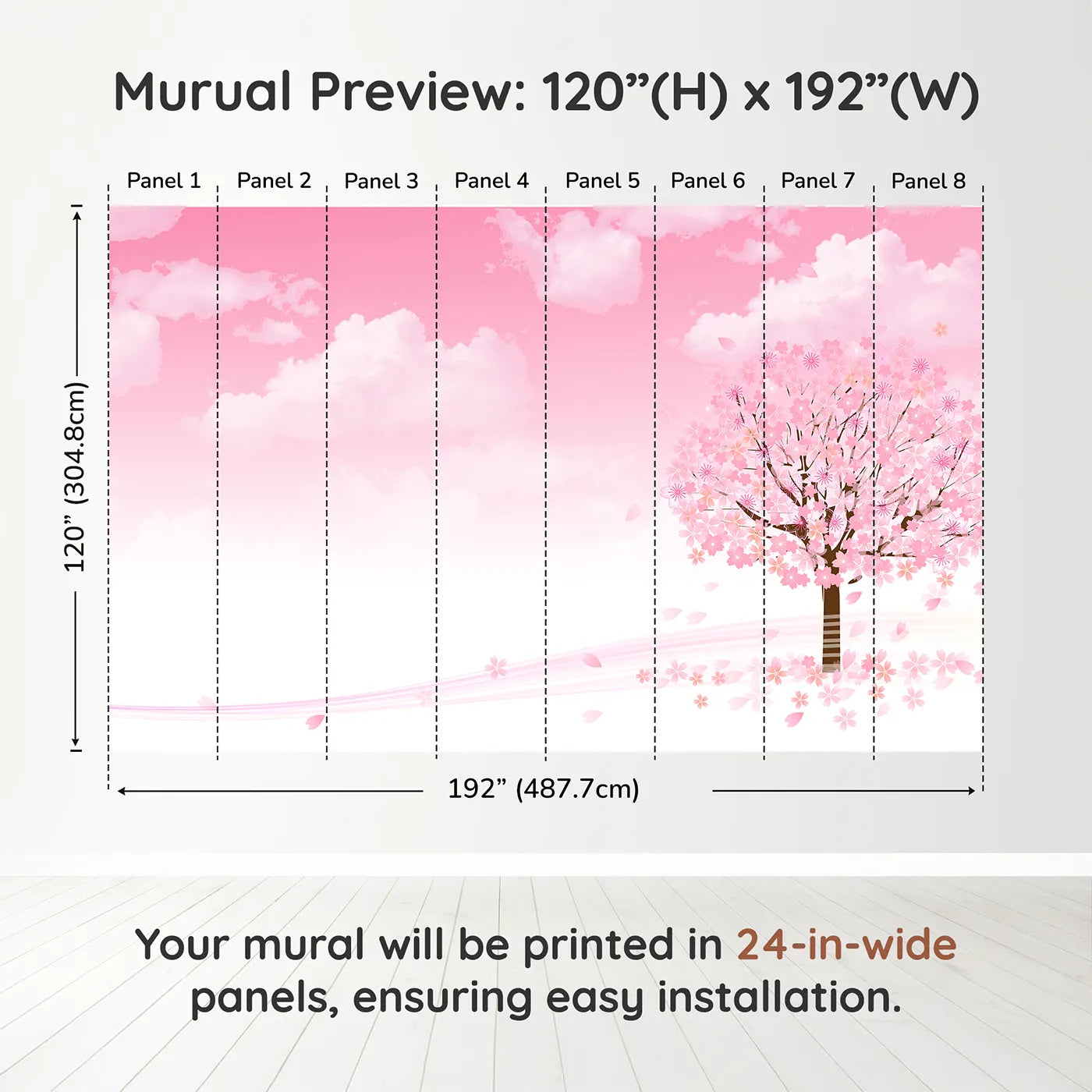 Whimsy Tots Pink Cherry Blossom Wall Muraldimension view (120" H x 192" W). Printed in eight 24-inch-wide panels. Best for Girls