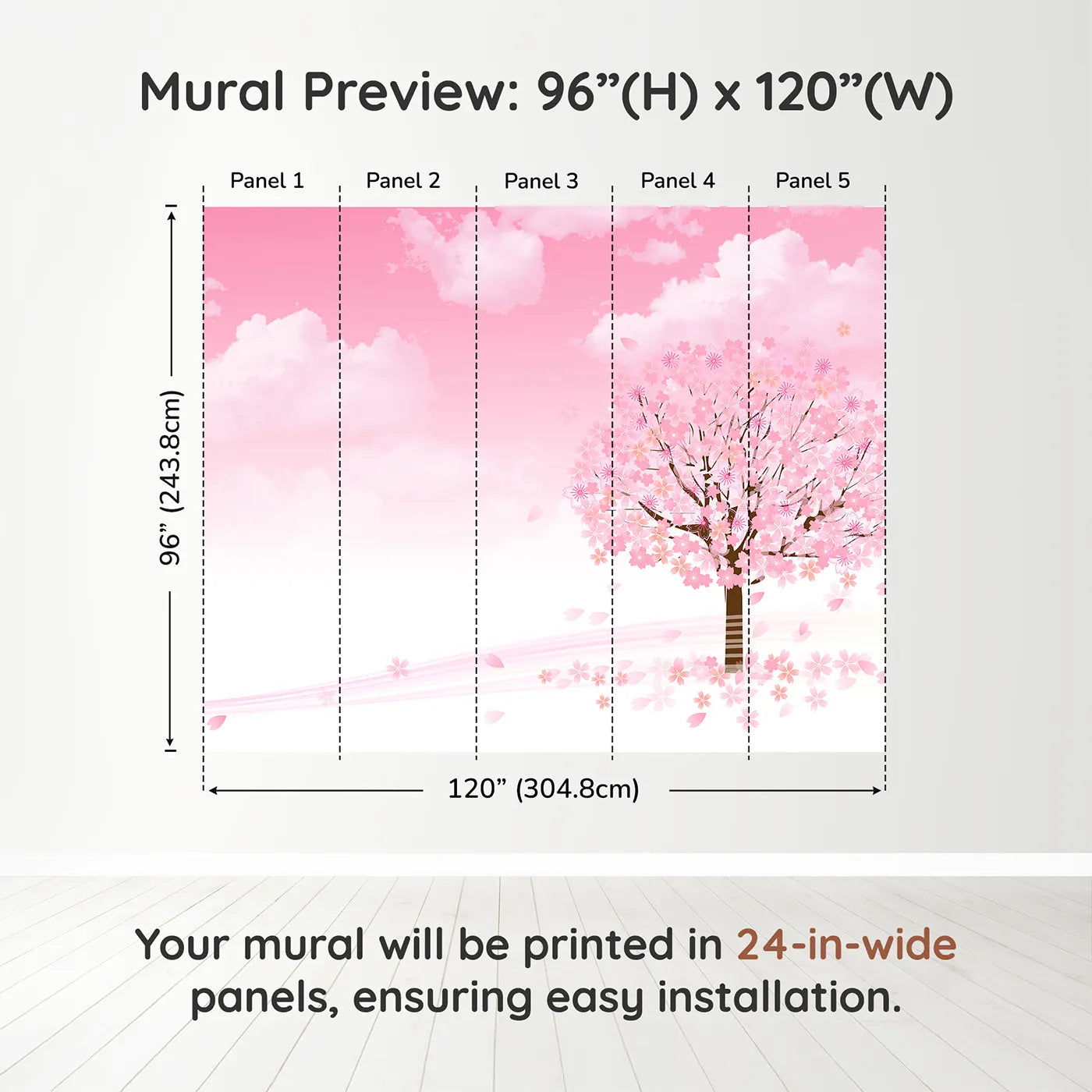 Whimsy Tots Pink Cherry Blossom Wall Muraldimension view (96" H x 120" W). Printed in five 24-inch-wide panels. Best for Girls
