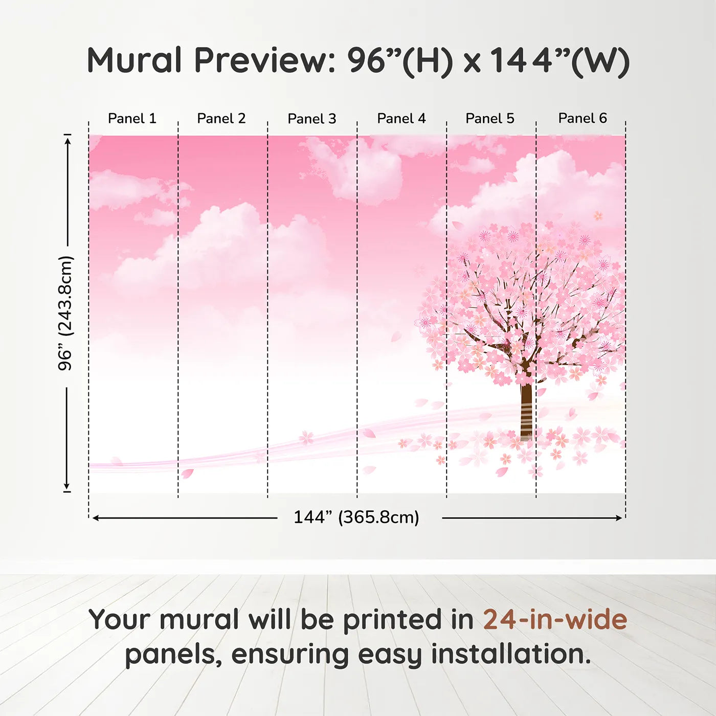 Whimsy Tots Pink Cherry Blossom Wall Muraldimension view (96" H x 144" W). Printed in six 24-inch-wide panels. Best for Girls