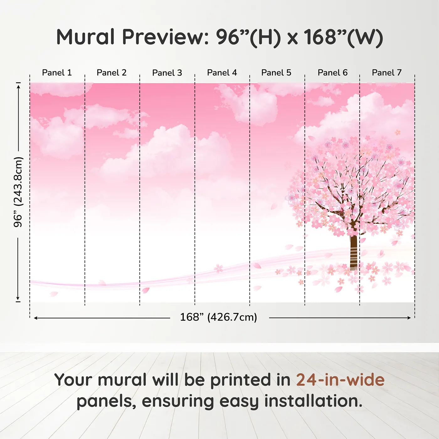 Whimsy Tots Pink Cherry Blossom Wall Muraldimension view (96" H x 168" W). Printed in seven 24-inch-wide panels. Best for Girls