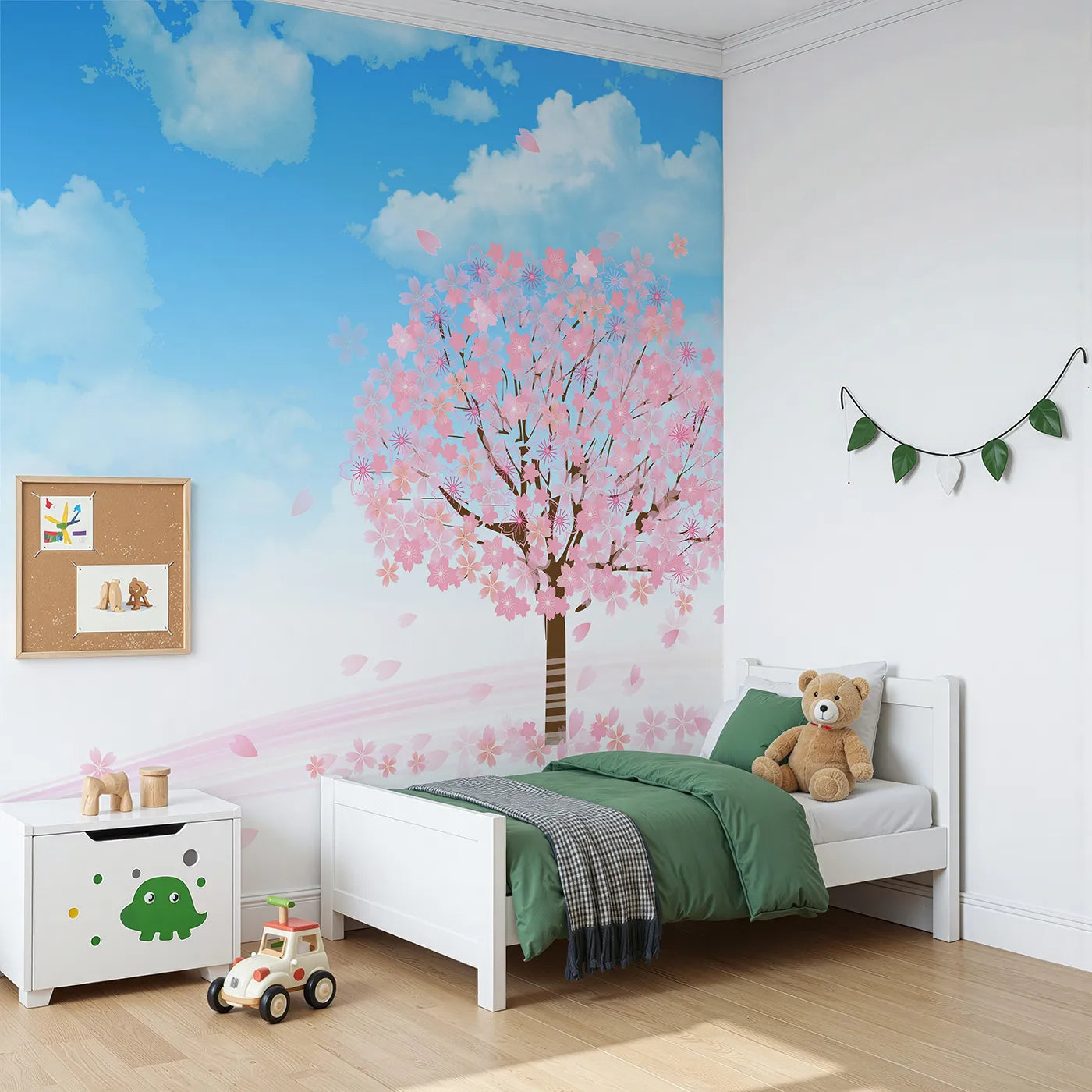 Angled view of Whimsy Tots' Blue Cherry Blossom Wall Mural (Turn Their Room into a Dream of Falling Petals).Gender-Neutral