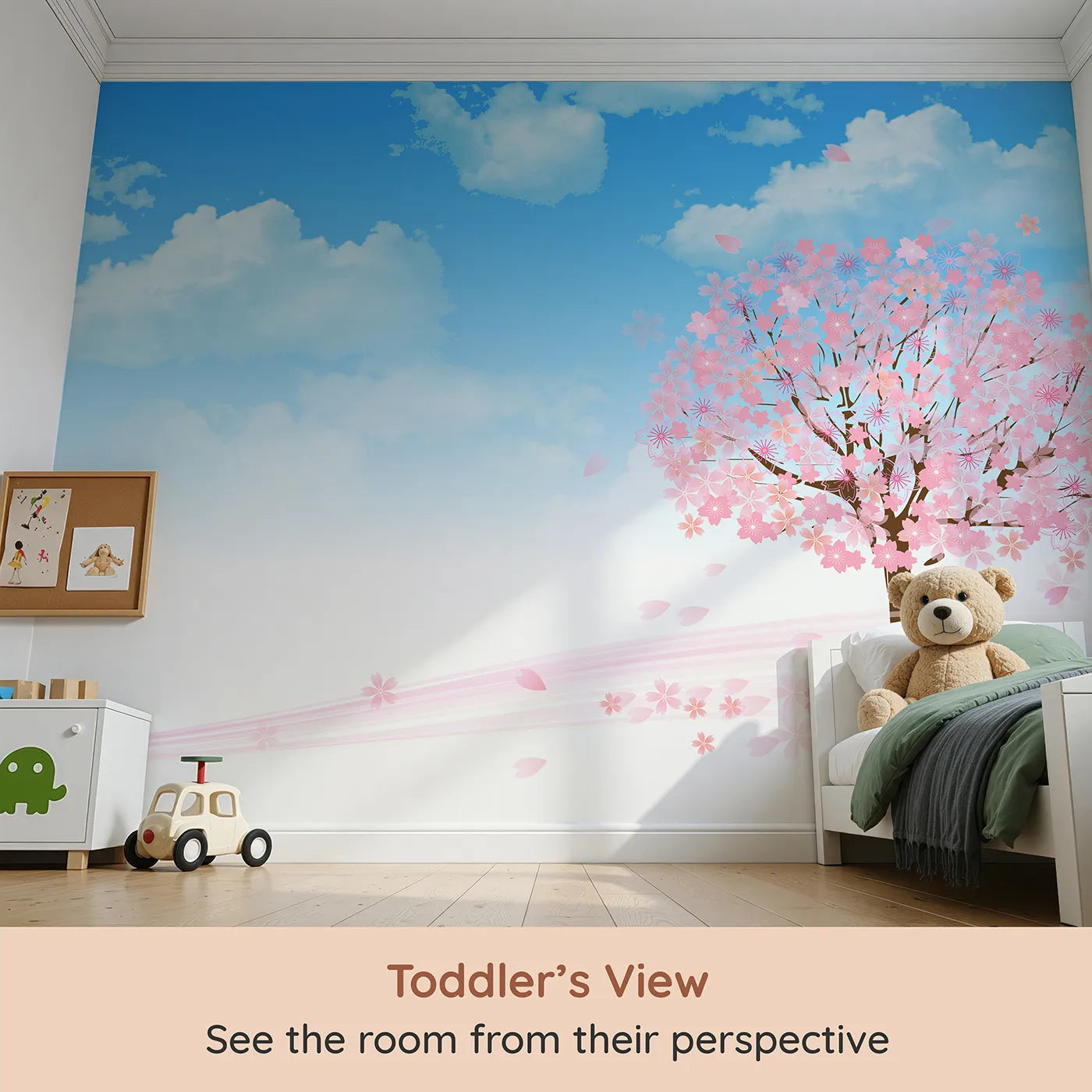 Whimsy Tots Blue Cherry Blossom Wall Mural (Turn Their Room into a Dream of Falling Petals) from your child's view.Gender-Neutral