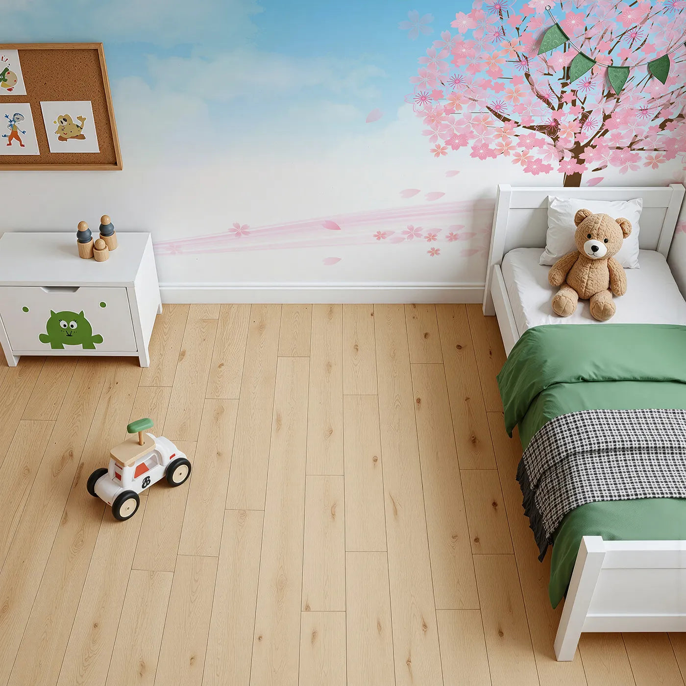 Top-down view of Whimsy Tots' Blue Cherry Blossom Wall Mural (Turn Their Room into a Dream of Falling Petals).Gender-Neutral