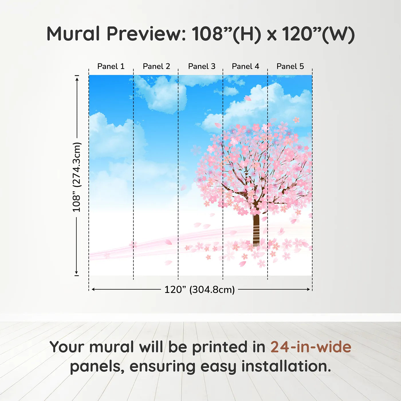 Whimsy Tots Blue Cherry Blossom Wall Muraldimension view (108" H x 120" W). Printed in five 24-inch-wide panels. Gender-Neutral