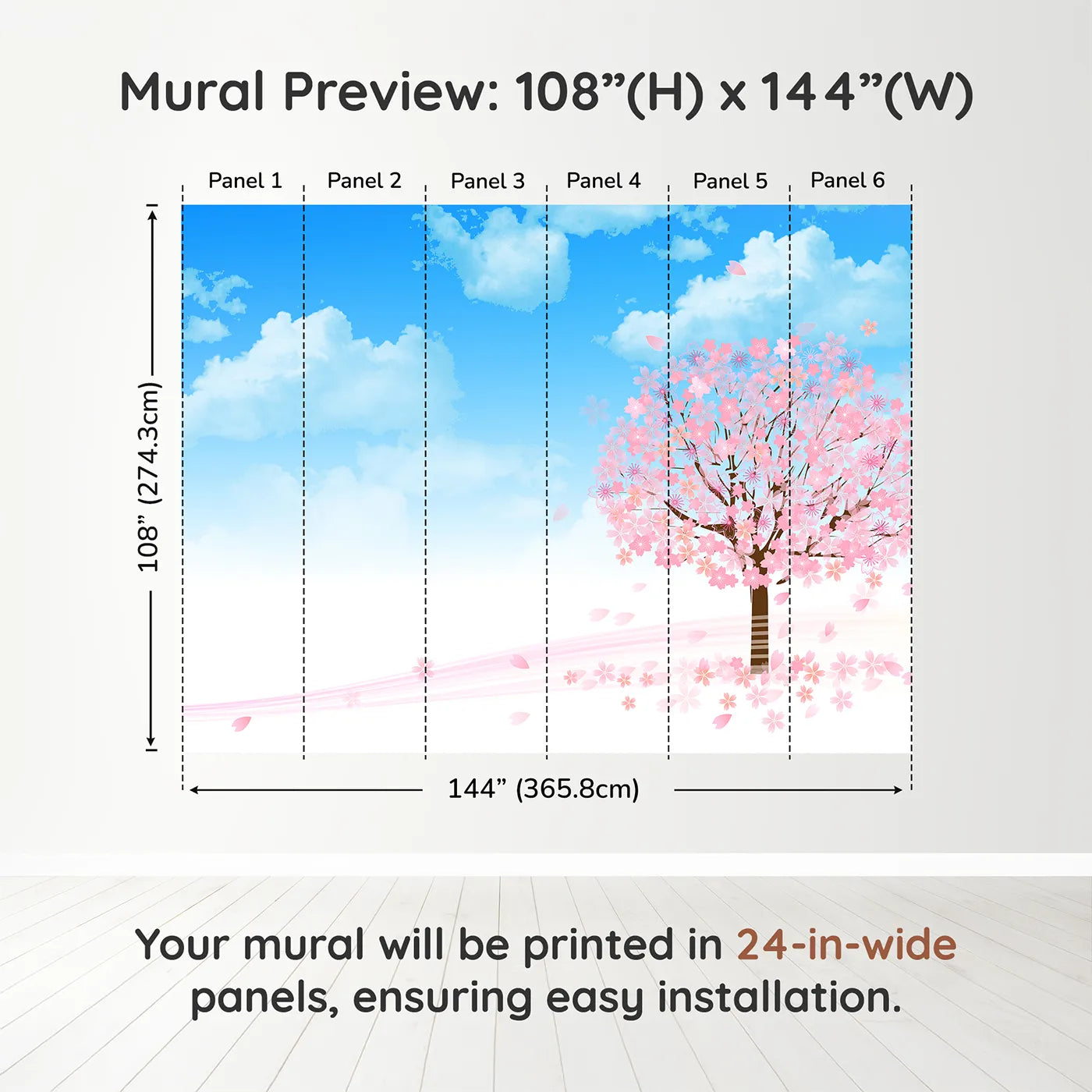 Whimsy Tots Blue Cherry Blossom Wall Muraldimension view (108" H x 144" W). Printed in six 24-inch-wide panels. Gender-Neutral