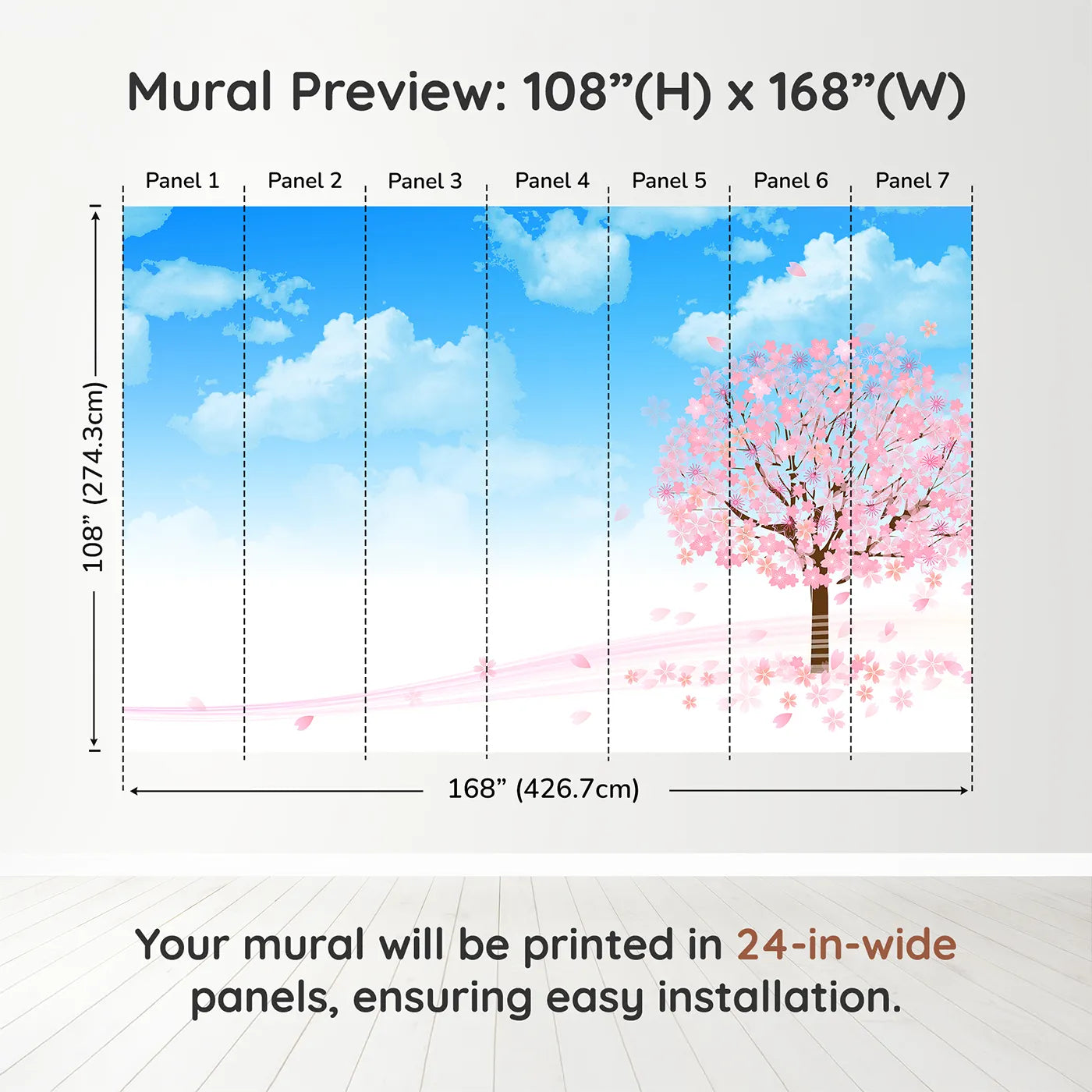 Whimsy Tots Blue Cherry Blossom Wall Muraldimension view (108" H x 168" W). Printed in seven 24-inch-wide panels. Gender-Neutral