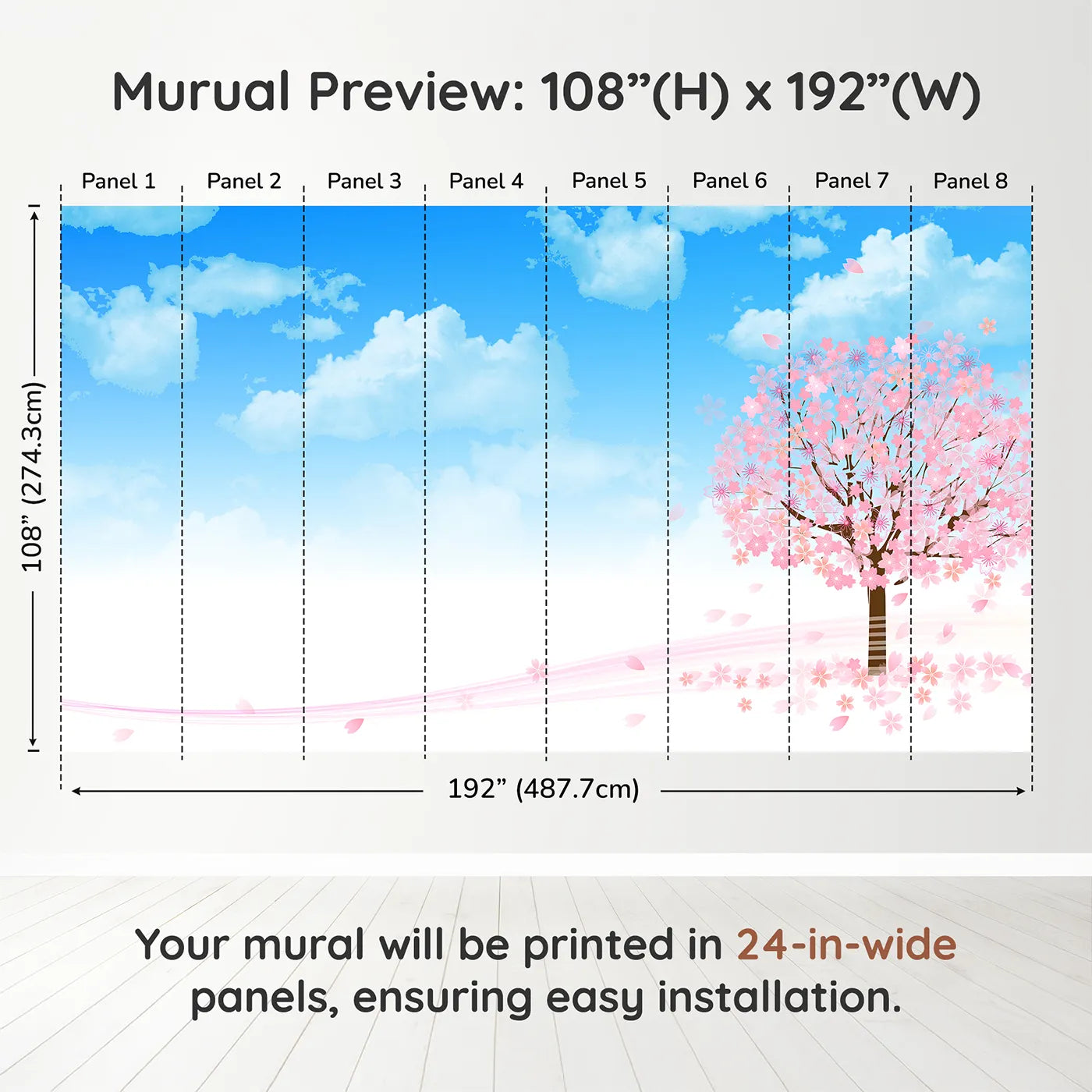 Whimsy Tots Blue Cherry Blossom Wall Muraldimension view (108" H x 192" W). Printed in eight 24-inch-wide panels. Gender-Neutral
