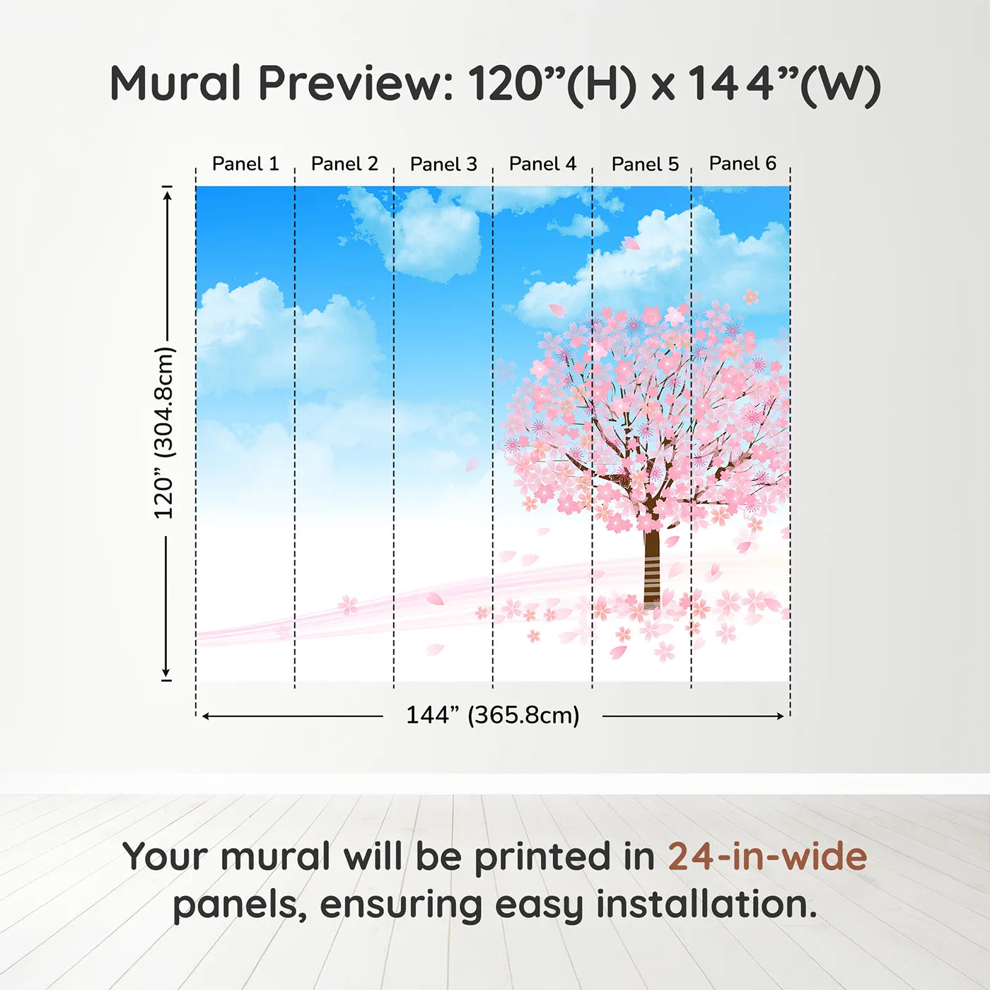 Whimsy Tots Blue Cherry Blossom Wall Muraldimension view (120" H x 144" W). Printed in six 24-inch-wide panels. Gender-Neutral