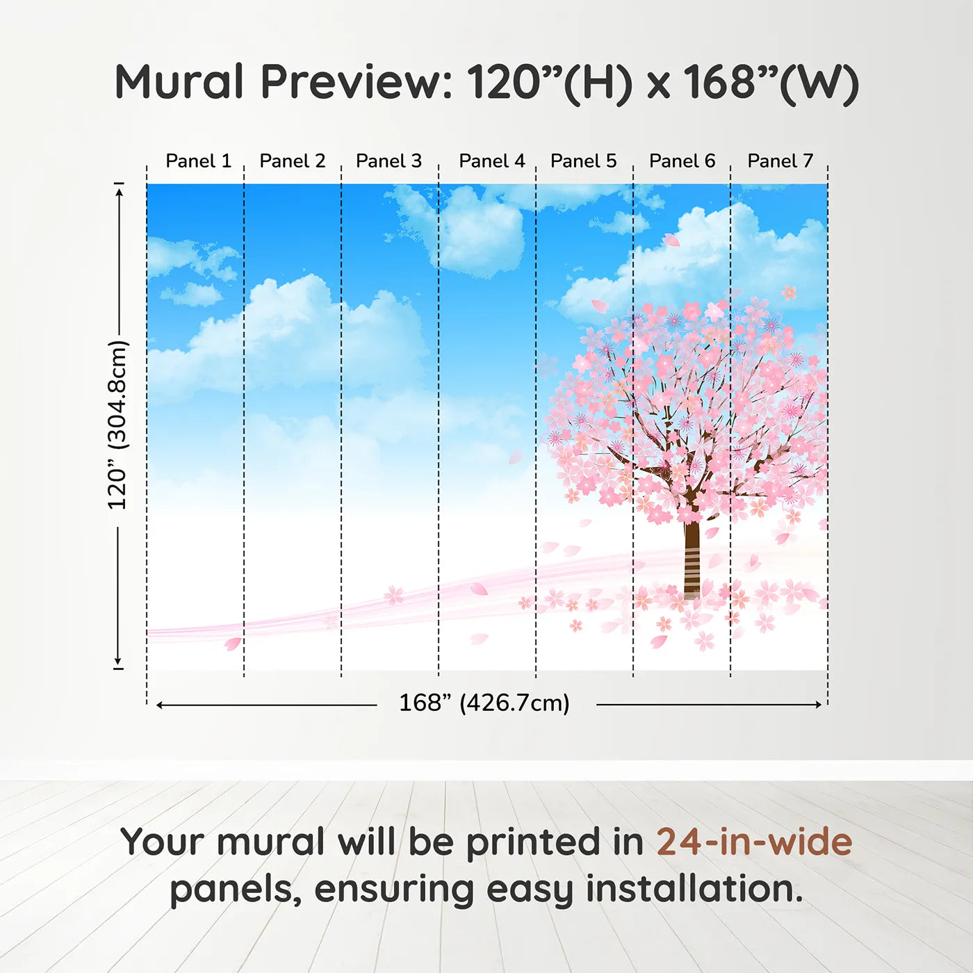 Whimsy Tots Blue Cherry Blossom Wall Muraldimension view (120" H x 168" W). Printed in seven 24-inch-wide panels. Gender-Neutral