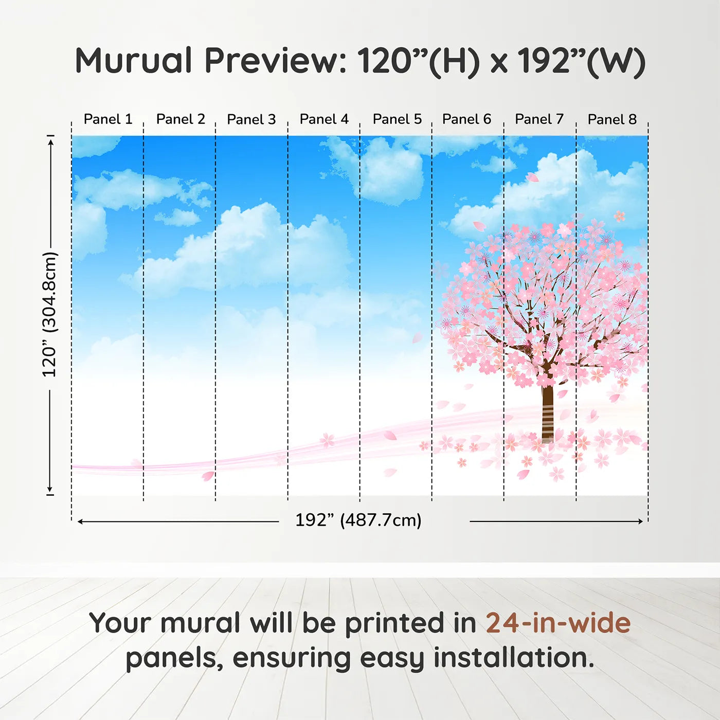 Whimsy Tots Blue Cherry Blossom Wall Muraldimension view (120" H x 192" W). Printed in eight 24-inch-wide panels. Gender-Neutral