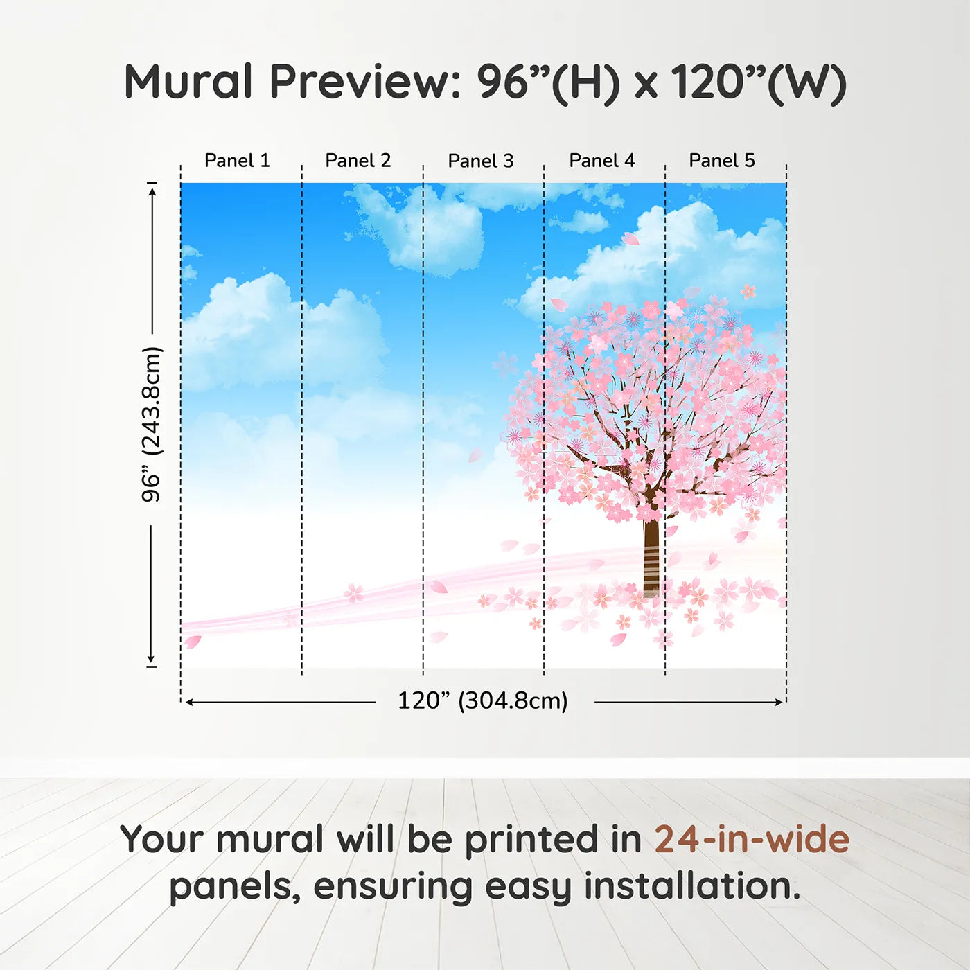 Whimsy Tots Blue Cherry Blossom Wall Muraldimension view (96" H x 120" W). Printed in five 24-inch-wide panels. Gender-Neutral