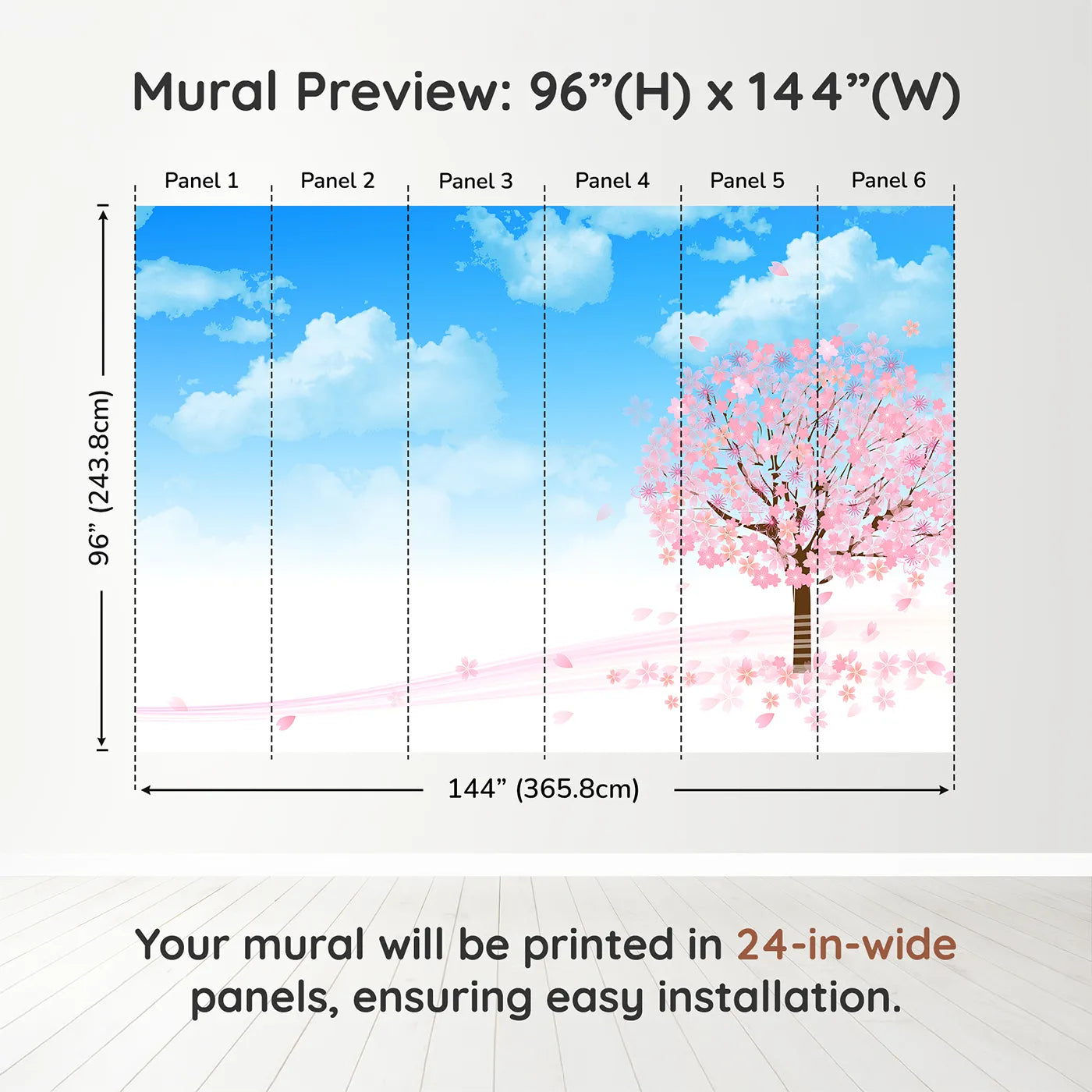 Whimsy Tots Blue Cherry Blossom Wall Muraldimension view (96" H x 144" W). Printed in six 24-inch-wide panels. Gender-Neutral