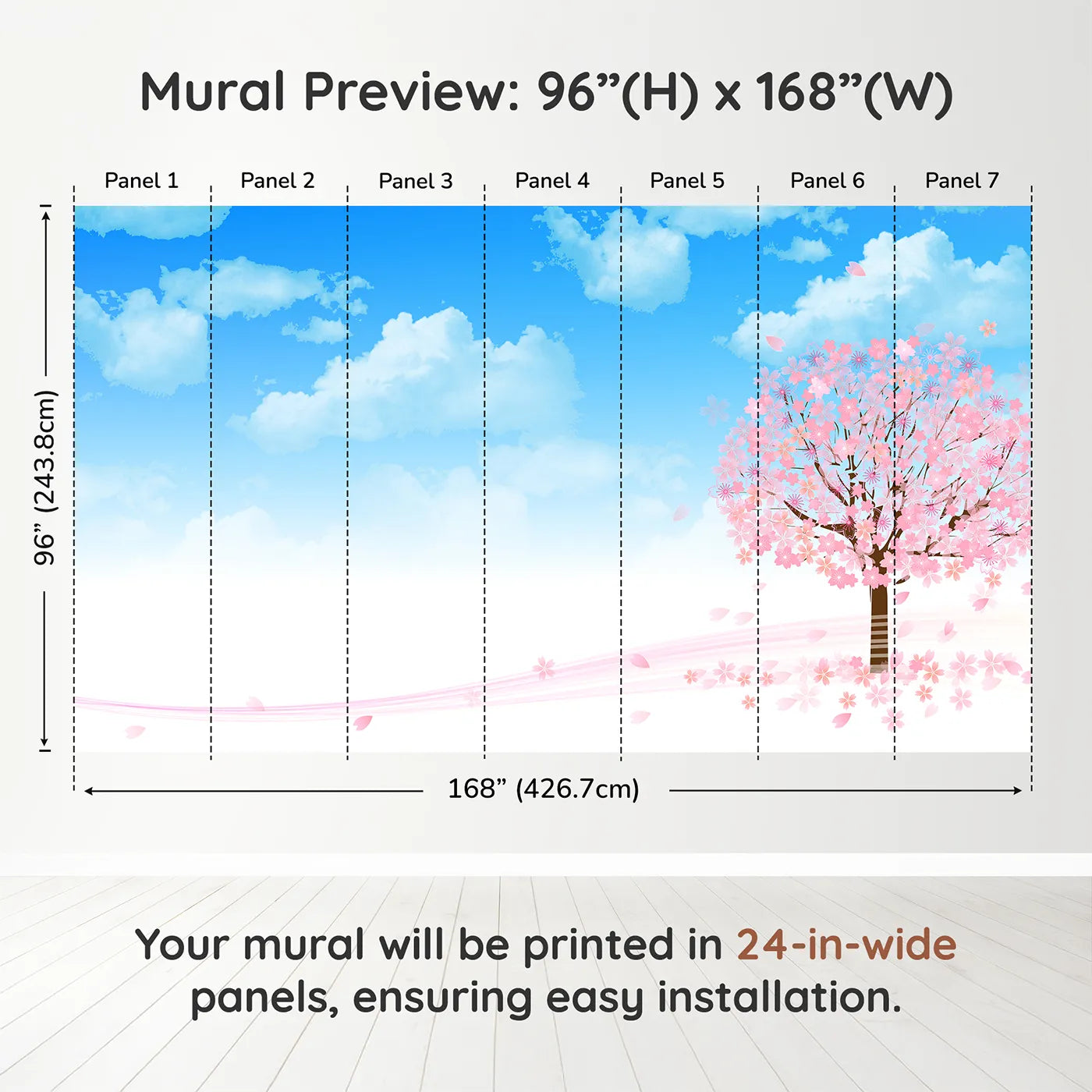 Whimsy Tots Blue Cherry Blossom Wall Muraldimension view (96" H x 168" W). Printed in seven 24-inch-wide panels. Gender-Neutral