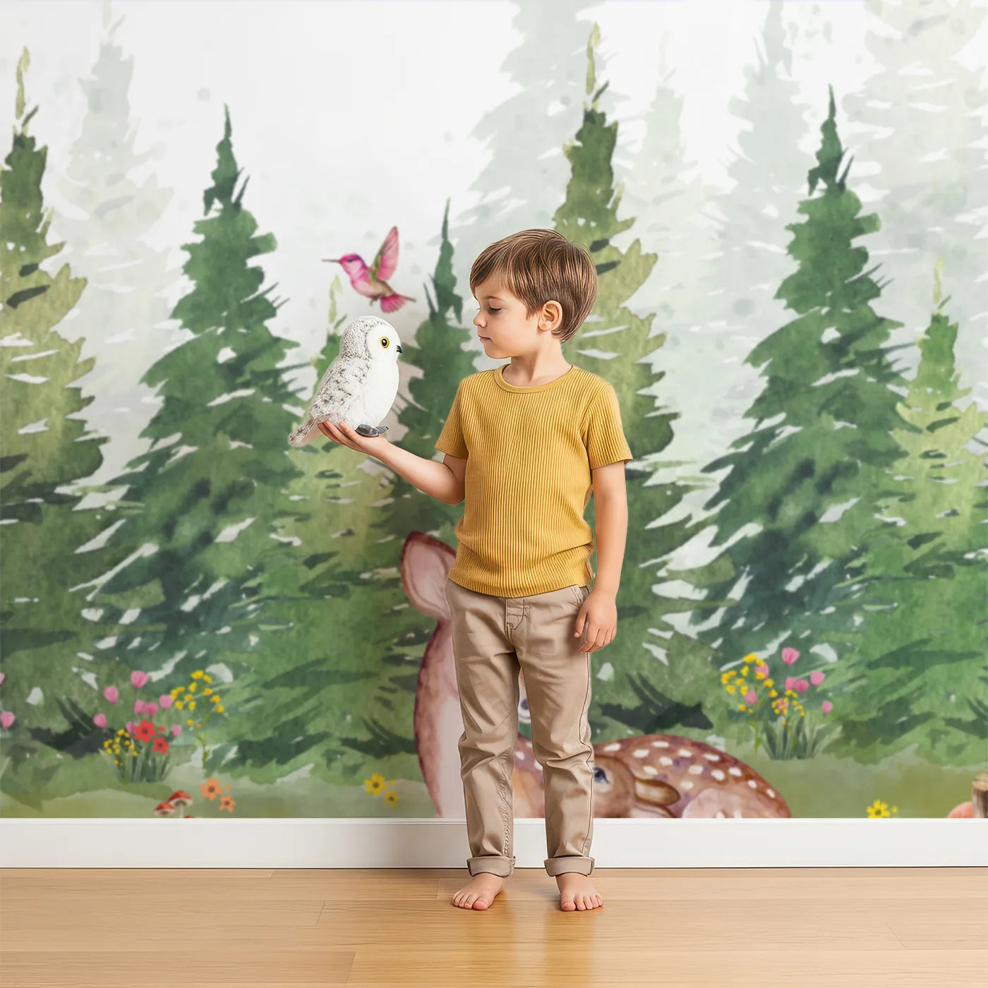 Child in front of Whimsy Tots Deer Family in the Woods Wall Mural with deer, fawn, animal, forest, cute, realistic, woodland, flower in design.