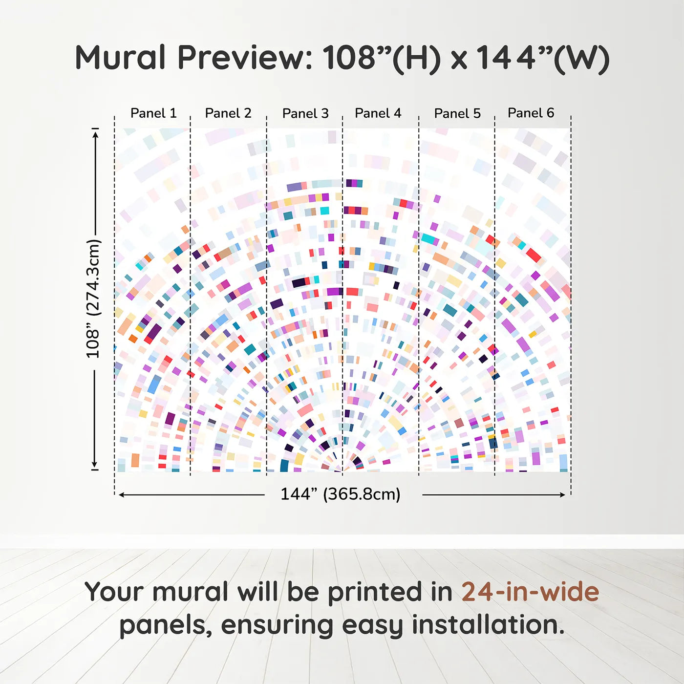Whimsy Tots Data Arc Wall Muraldimension view (108" H x 144" W). Printed in six 24-inch-wide panels. Gender-Neutral