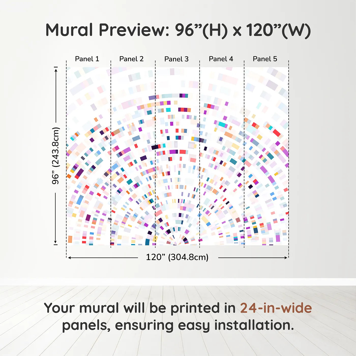 Whimsy Tots Data Arc Wall Muraldimension view (96" H x 120" W). Printed in five 24-inch-wide panels. Gender-Neutral
