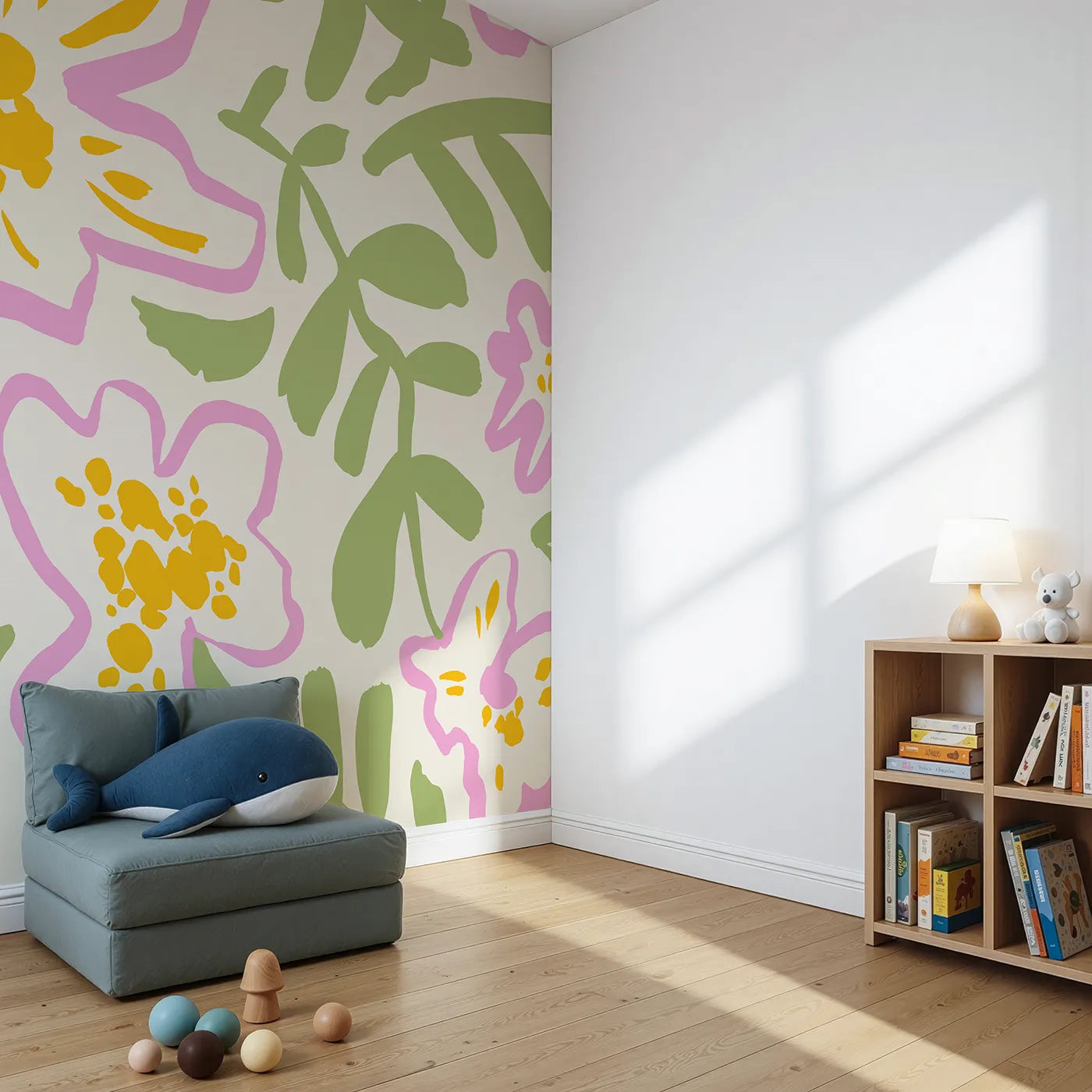 Angled view of Whimsy Tots' Abstract Floral Doodle Wall Mural (Turn Their Room into a Field of Fun, Quirky Flowers).Gender-Neutral