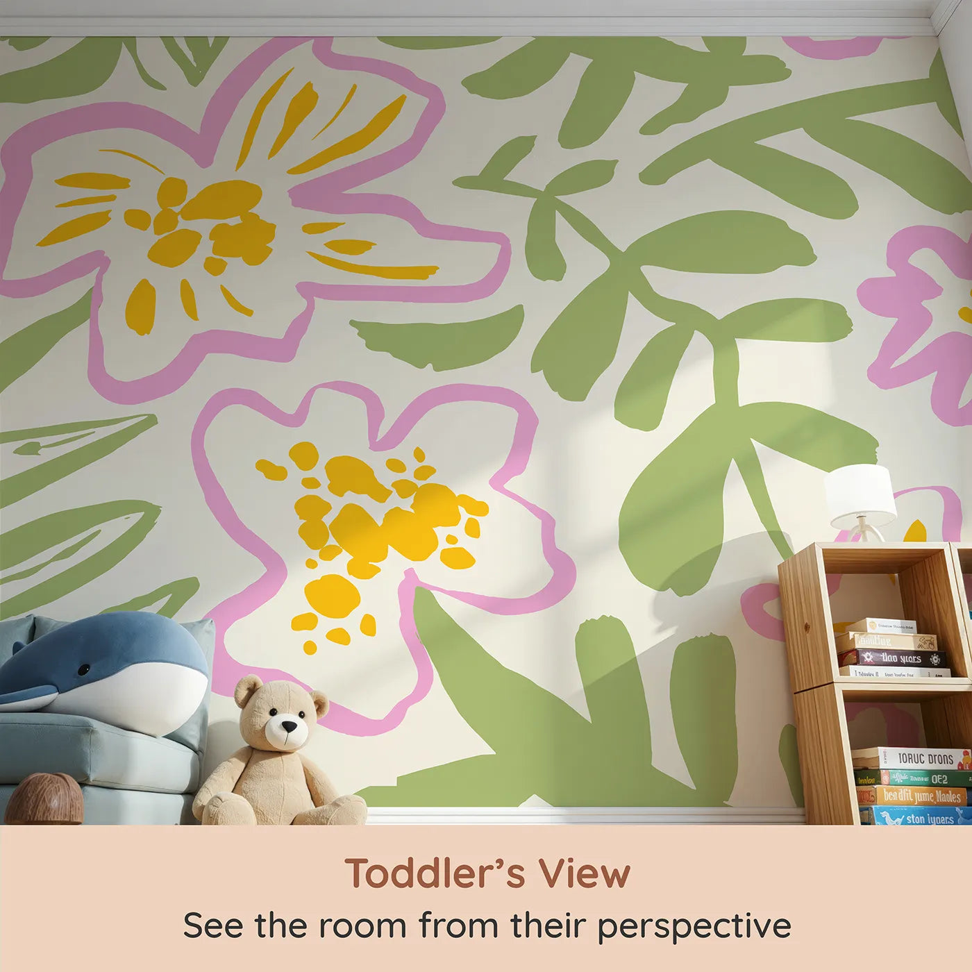 Whimsy Tots Abstract Floral Doodle Wall Mural (Turn Their Room into a Field of Fun, Quirky Flowers) from your child's view.Gender-Neutral